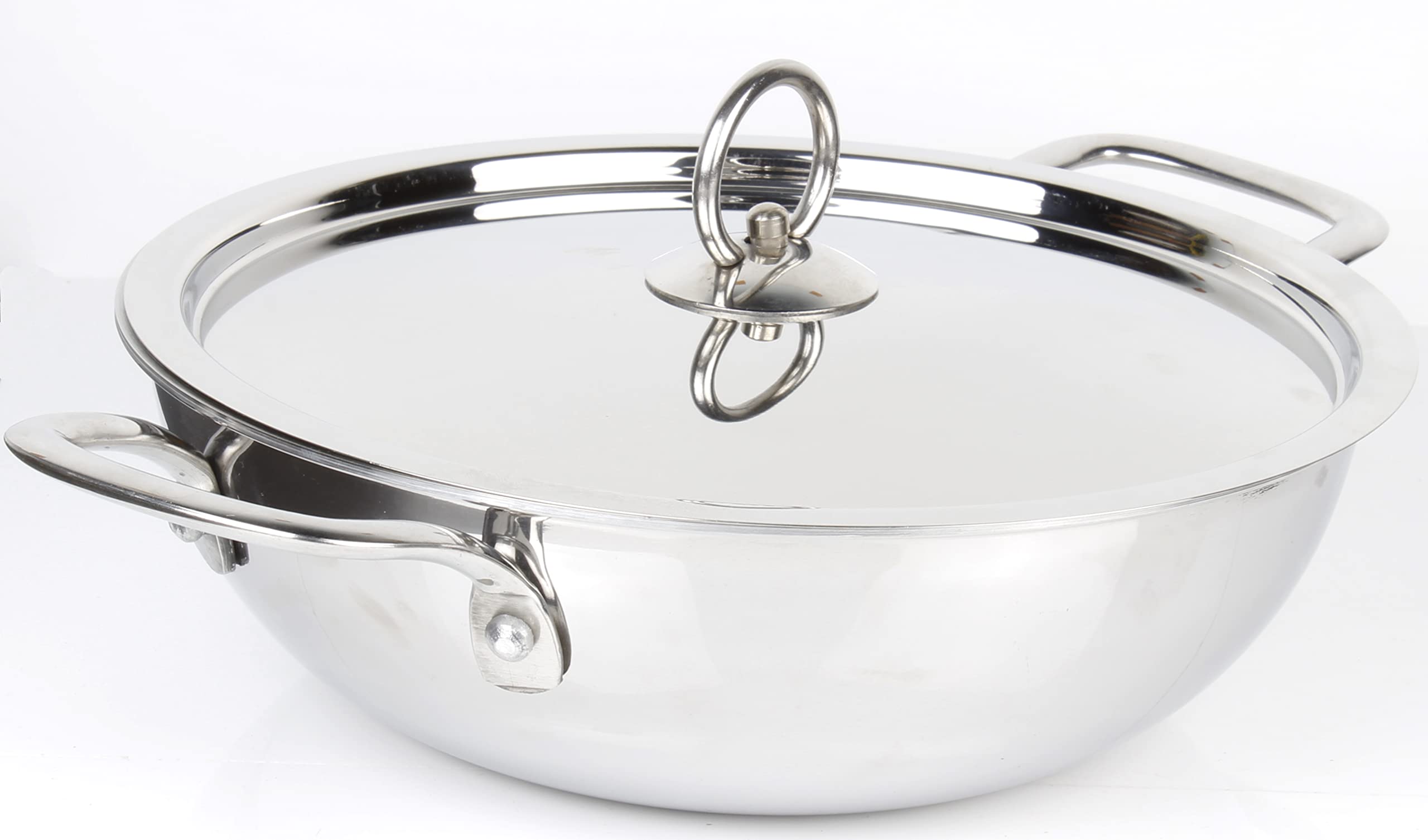Triply Stainless Steel Kadai with Steel Lid | Everyday Pan, Stir Fry Pan with Triply Base, Saute Chefs Pan with Glass Lid, Multi