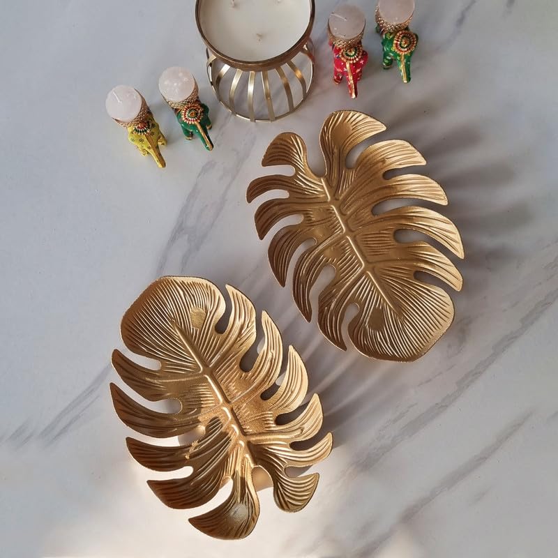 Art Street Monstera Leaf Shape Tray Set Of 2 For Home Dcor Gifting Item, Diwali Gift, Festive, Pooja Decorative Item For Living 