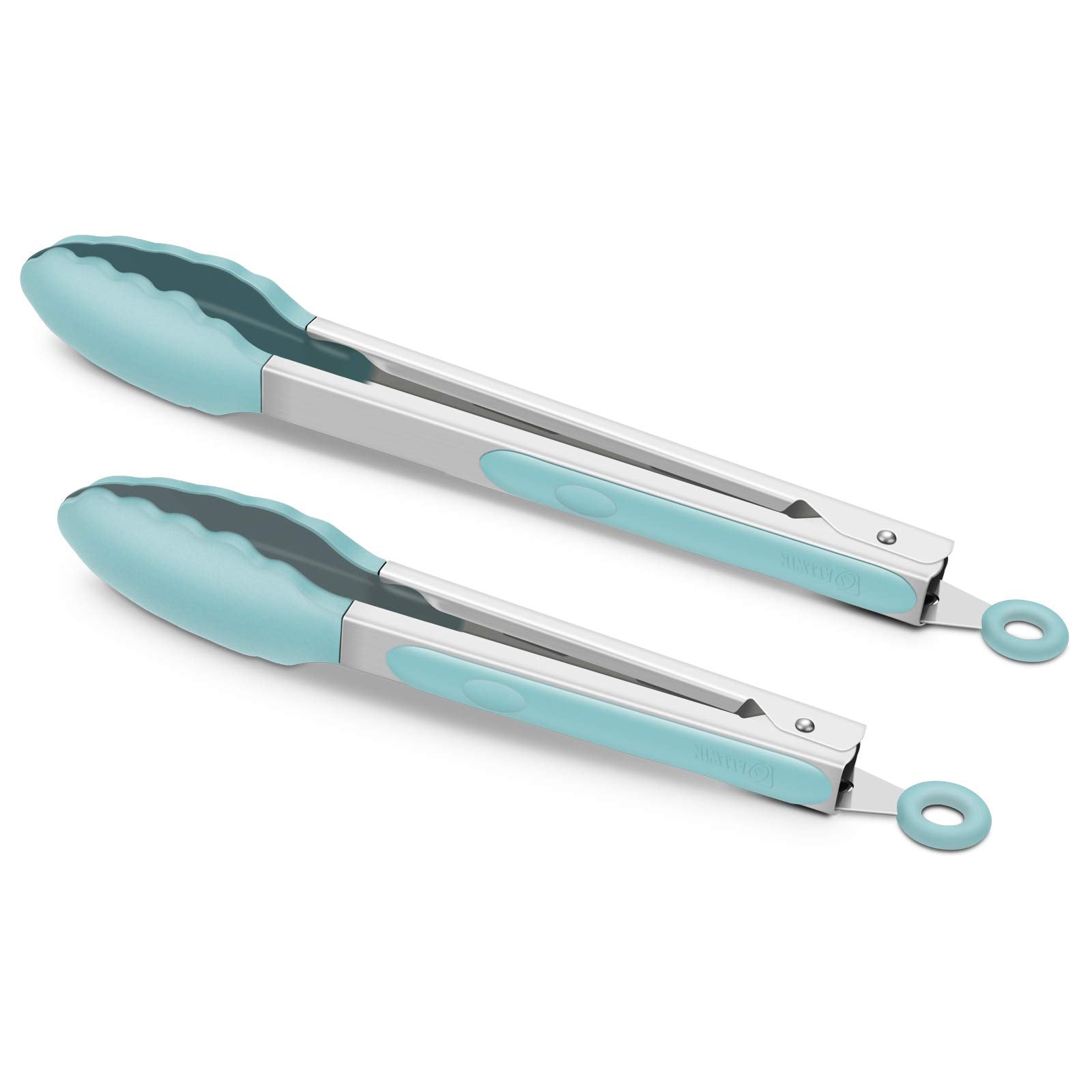 9-Inch & 12-Inch Cooking Tongs, Premium Silicone Set Of 2 Bpa Free Non-Stick Stainless Steel Bbq Grilling Locking Food Tong, Aqu