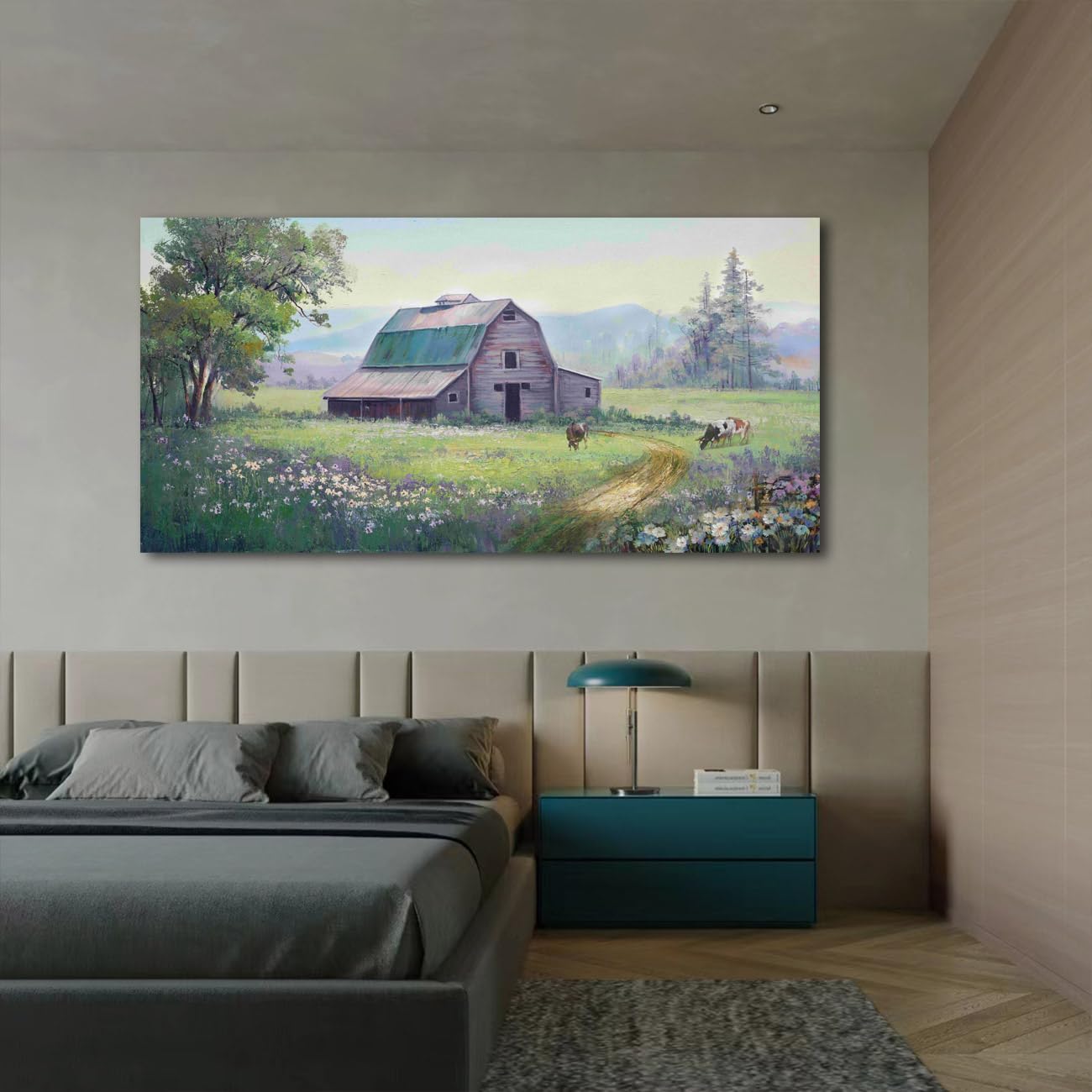 Acocifi Farmhouse Wall Art Barn Picture Cow Farm Landscape Painting Canvas, Nature Wildflower Rustic Scenery Print Artwork Frame