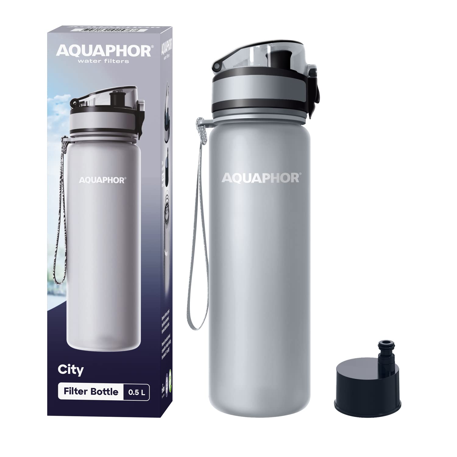 Aquaphor City Bottle 500Ml Grey  Travel Water Bottle With Activated Carbon Filter  Filters Chlorine & Impurities  Made Of Tritan