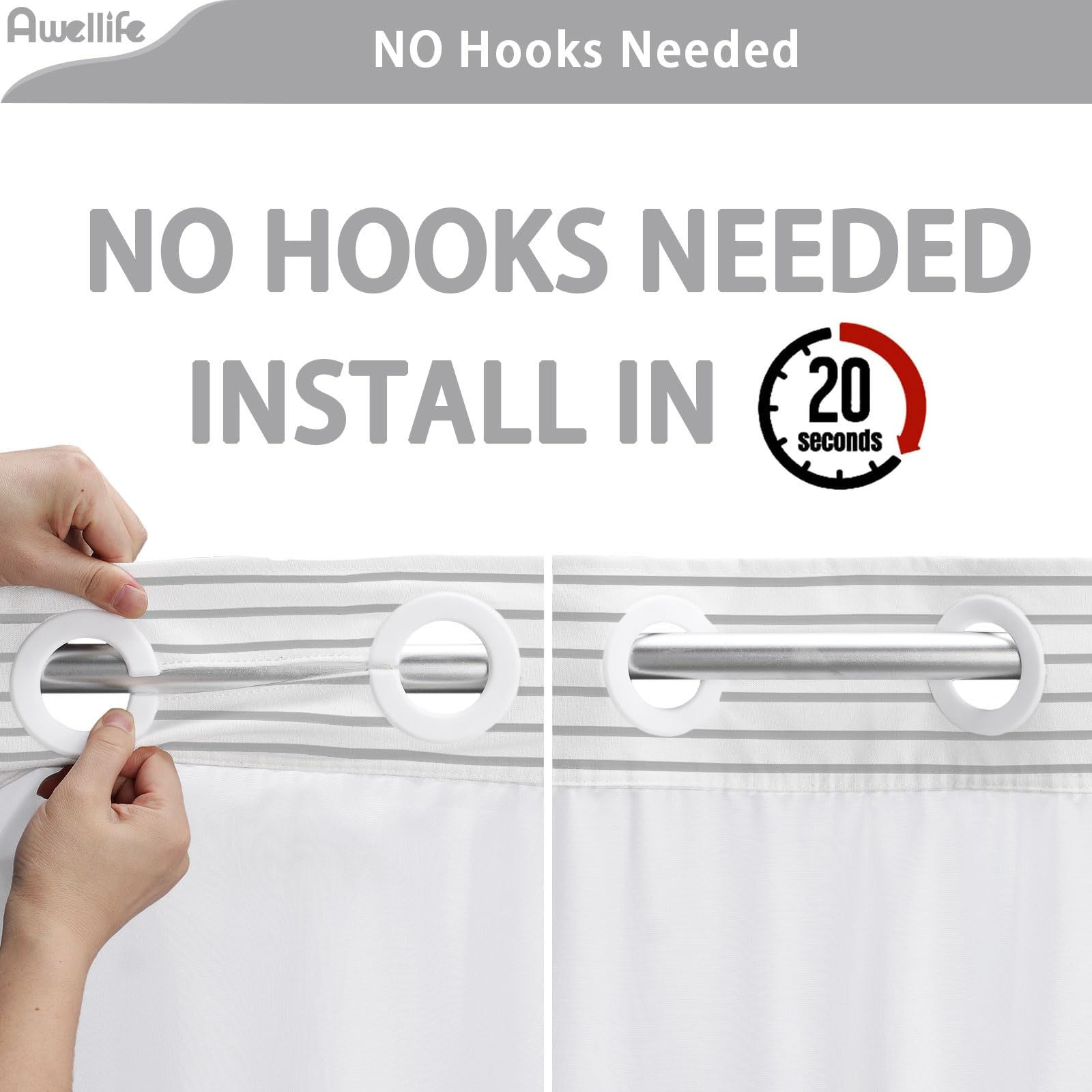 Awellife No Hook Shower Curtain With Snap In Liner Set Cotton And Linen Blend Shower Curtain For Bathroom Boho Gray Striped 81''