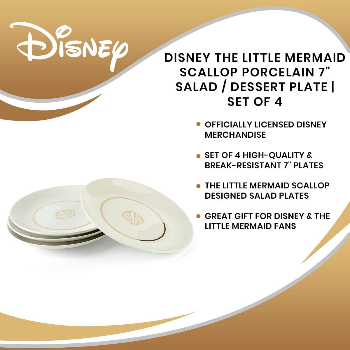 Disney The Little Mermaid Scallop Porcelain 7'' Salad / Dessert Plate | Set Of 4