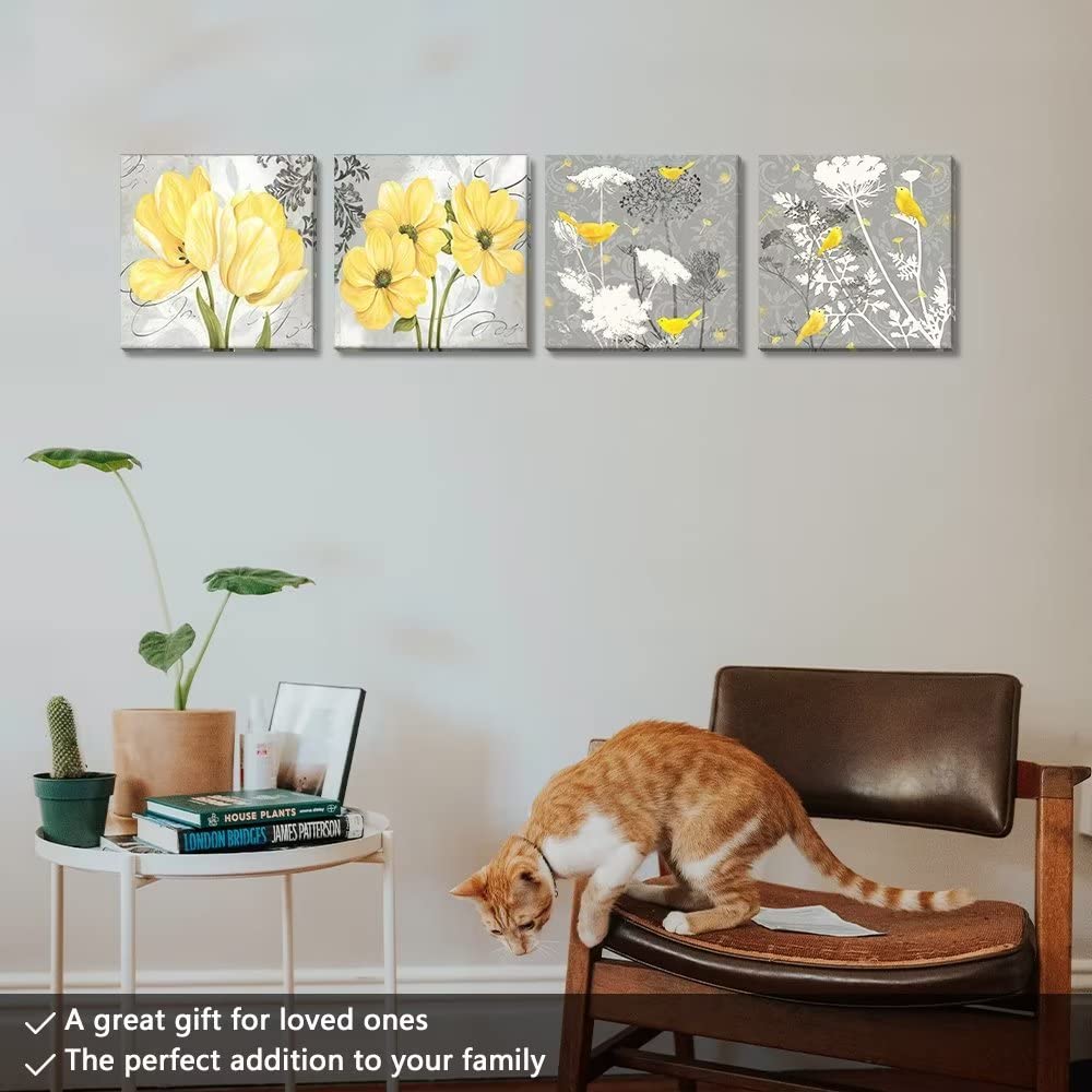 Wall Hdq Yellow Gray Wall Art Canvas Flowers Birds Wall Decor For Living Room Bathroom Abstract Modern Floral Large Posters Prin
