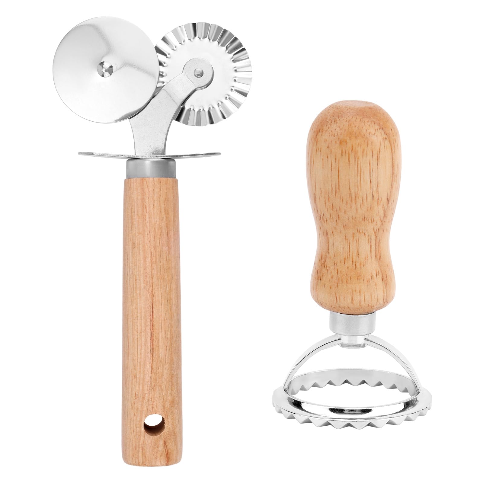 Dual-Wheel Pastry Cutter & Ravioli Press, Pasta Cutter Wheel with Wooden Handle & Fluted Edge Stainless Steel Kitchen Baking Too