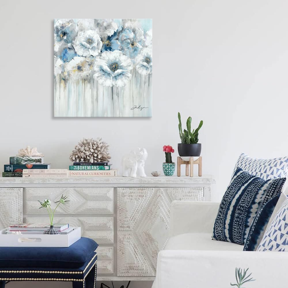 Abstract Flower Pictures Decor Wall Art - White Floral Canvas Print With Gold For Blue Bedroom Bathroom, Framed Size 24X24