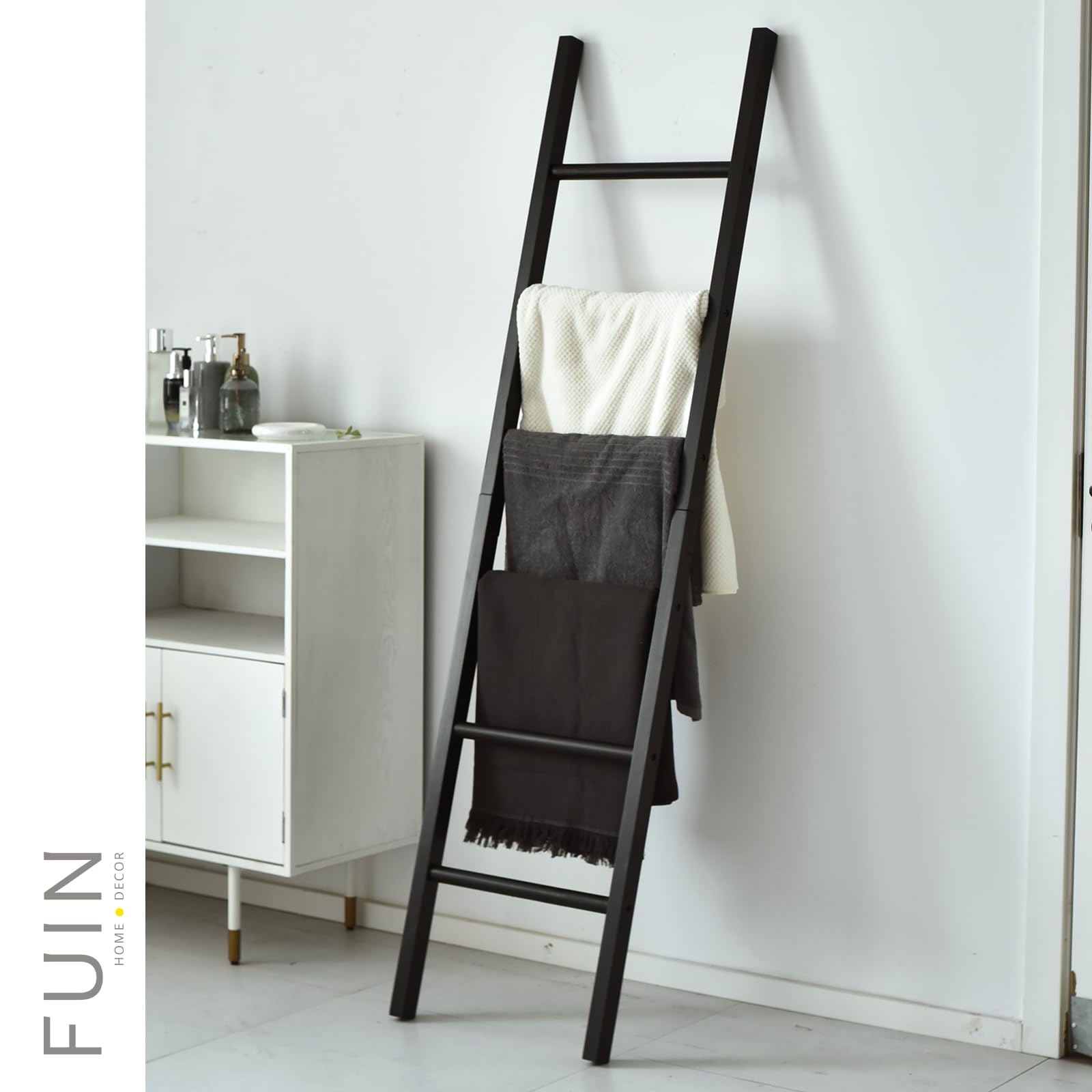 Fuin 6Ft Wooden Black Blanket Ladder Living Room Decorative Wall Leaning Farmhouse Quilt Display Holder Rustic Wood Towel Rack F