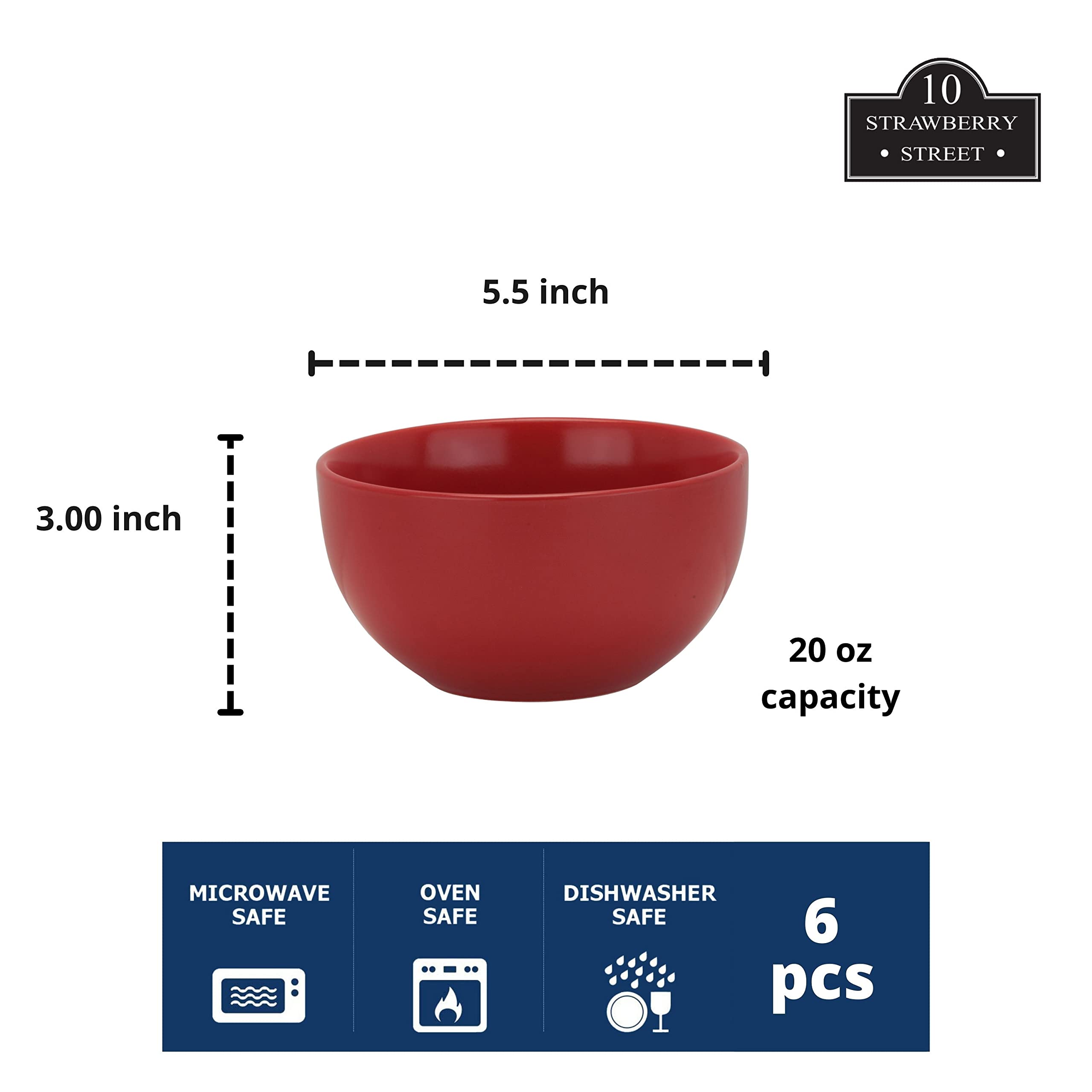 10 Strawberry Street Wazee Matte 5516Oz Cereal Bowl, Set Of 6, Red