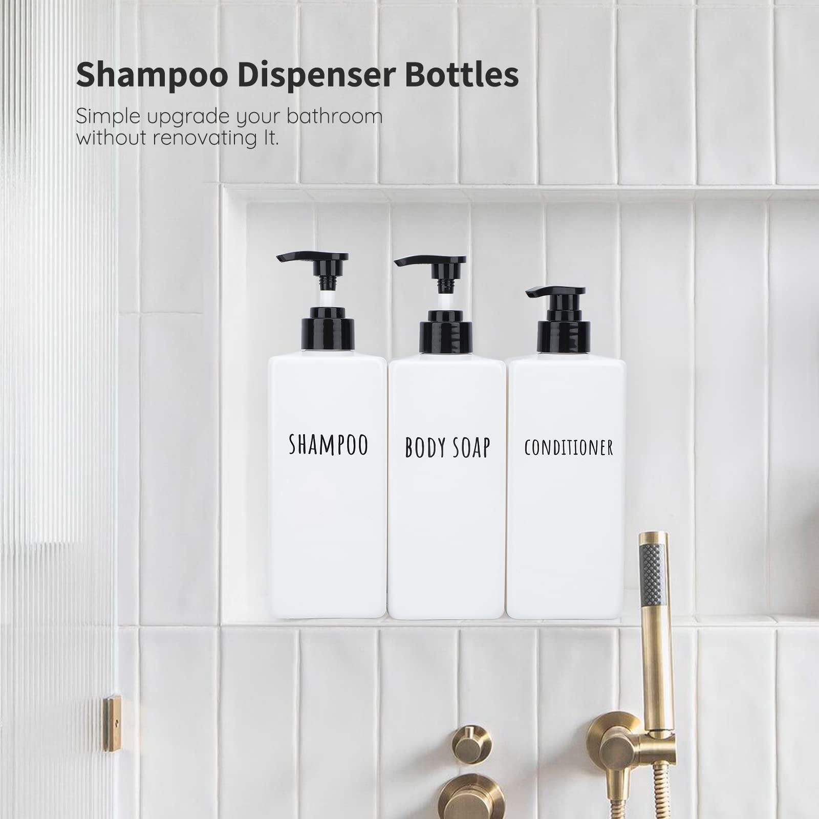 Segbeauty Plastic Soap Dispenser, 3Pcs 16.9Oz Refillable Shampoo Bottles White, 500Ml Empty Square Pump Press Bottle Shower Disp