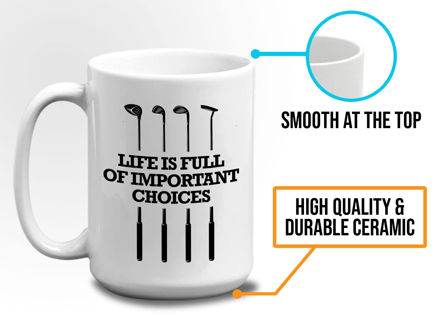 Bubble Hugs Golf Coffee Mug 15 Oz, Life Is Full Of Important Choices Funny Gag Gift For Athlete Player Hobby Golf Lover Dad Offi