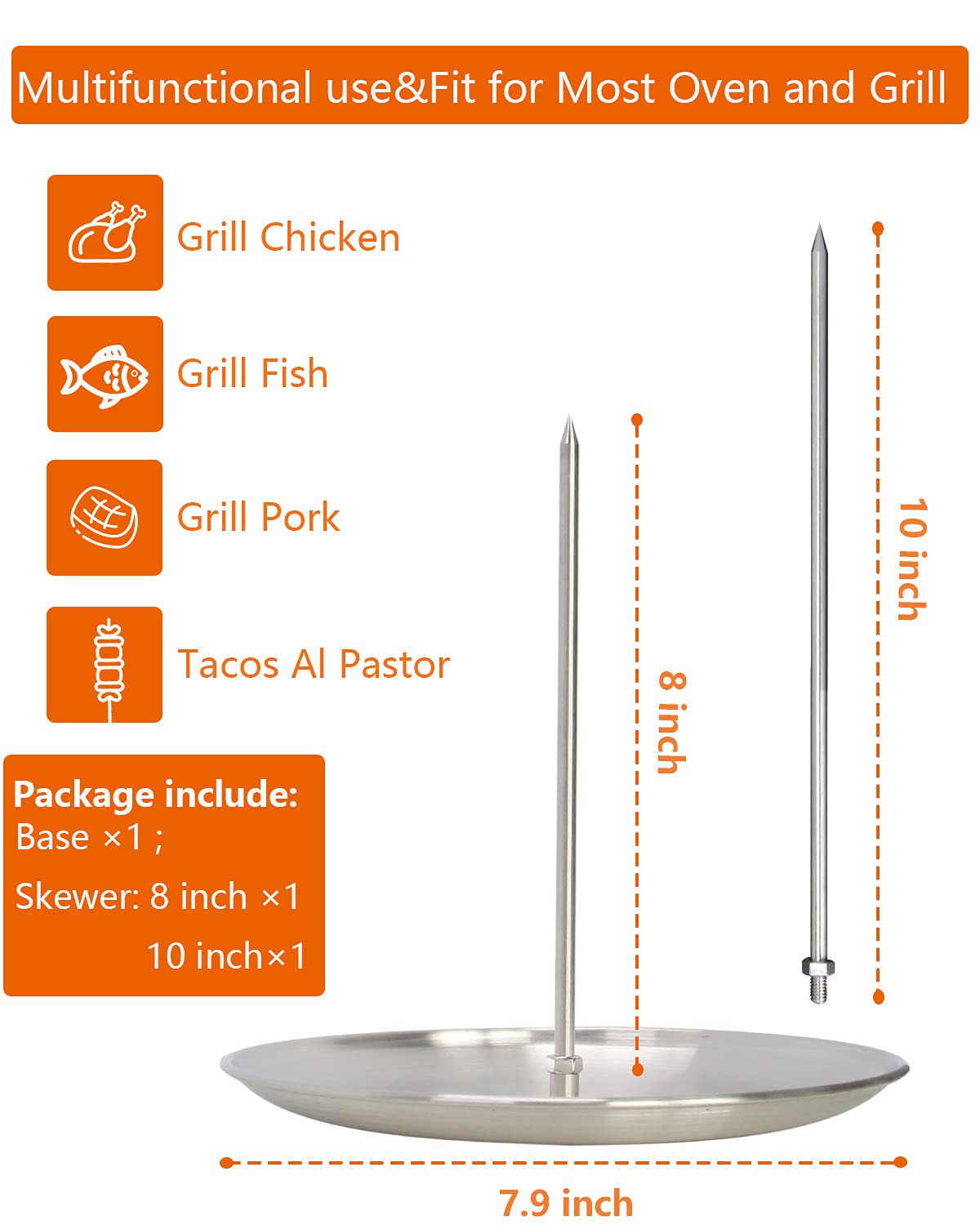 Dolamoty Bbq Vertical Rotisserie Vertical Skewer For Al Pastor Chicken Gyro Meat Hack Gaucho, For Home Made Tacos Al Pastor, Sha