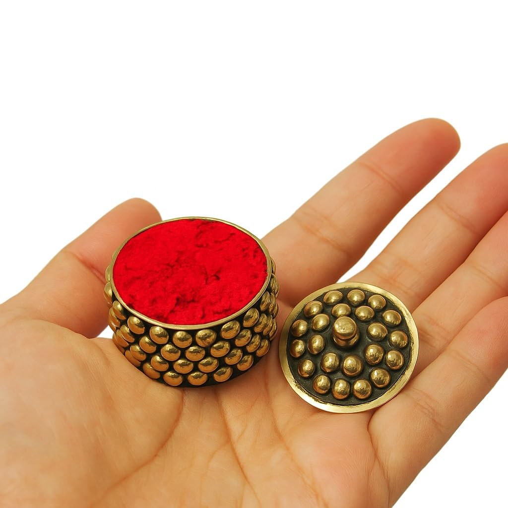 KULIA Sindoor Small Box Brass Round Shape Jewellery Trinket Decorative Box Hindu Pooja Set Kumkum Small Box with Free Sindur Pow