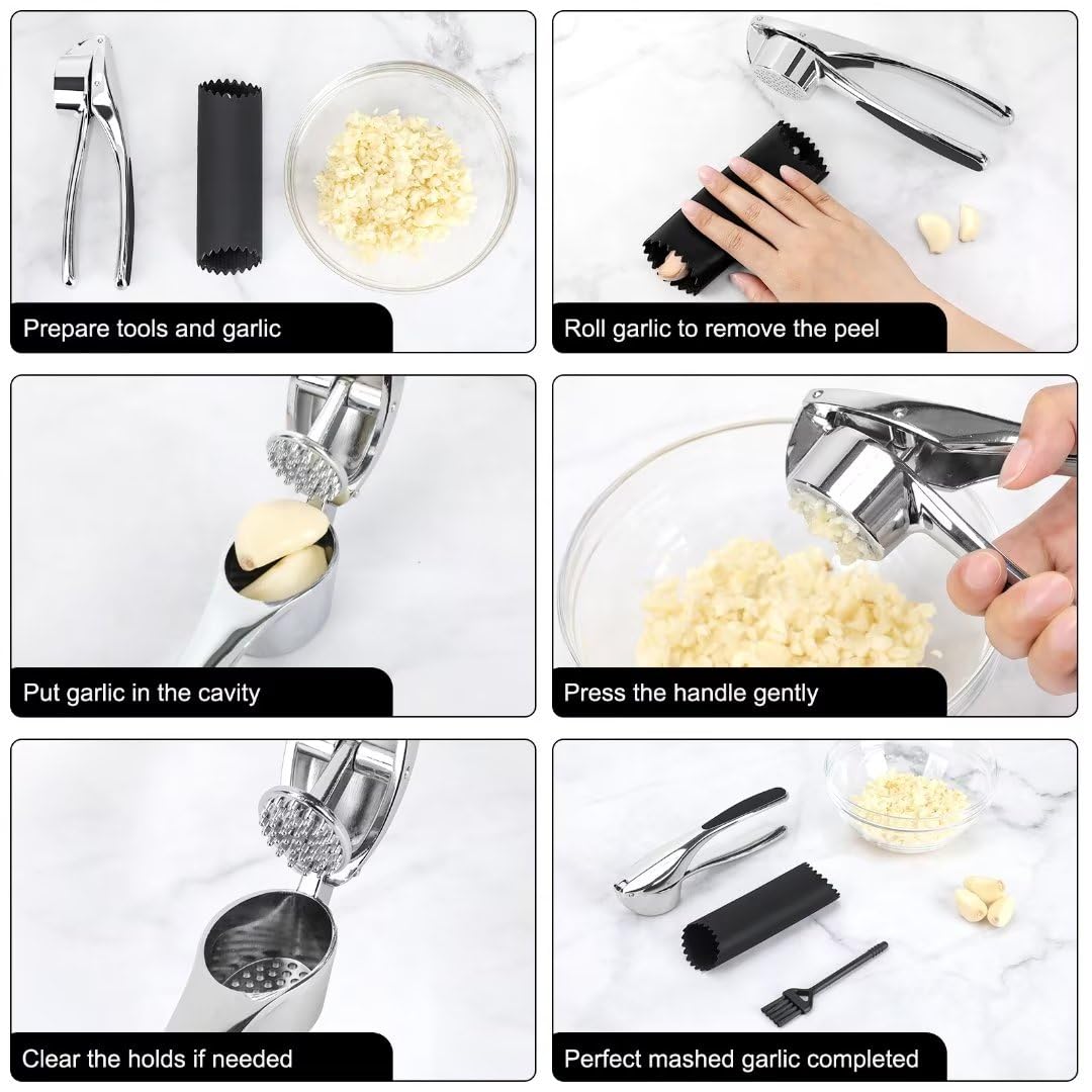 Cunsenr Garlic Press With Silicone Peeler & Brush - Garlic Mincer Tool - Easy To Use & Clean - Garlic Crusher - Rustproof Garlic