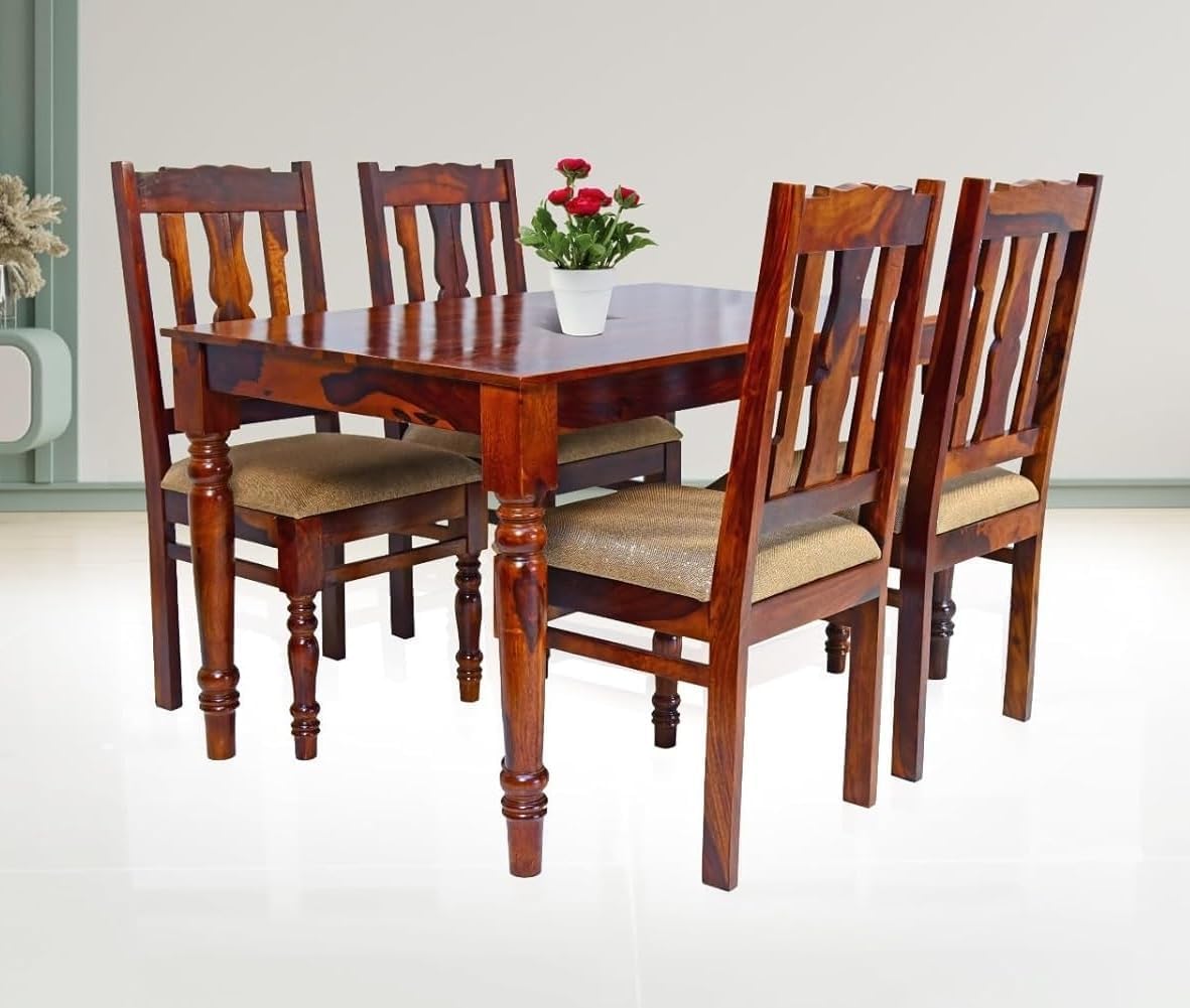 Furniseworlds Sheesham Wood 4Seater Dining Table Set With Cushioned Chairs | Solid Wooden Furniture For Home & Kitchen (Maple, 