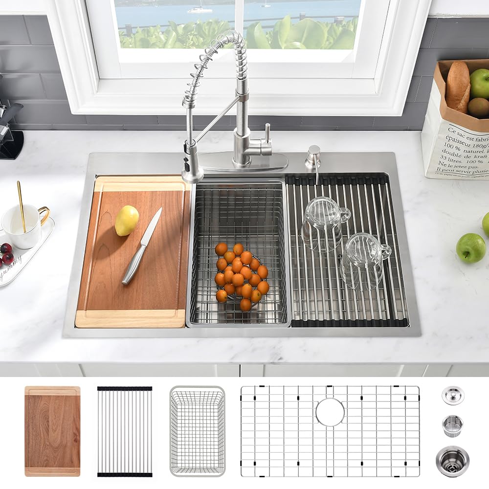 33X19 Drop In Kitchen Sink Workstation-Vasoyo 33 Inch Kitchen Sink Drop In Stainless Steel Deep Kitchen Sink 16 Gauge Worksattio