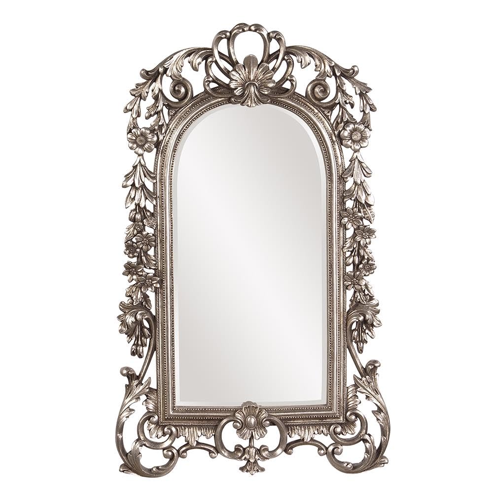 Howard Elliott Sherwood Hanging Antique Accent Wall Mounted Mirror, Ornate Arched Mirror with Bevelled Edges and Silver Resin Fr