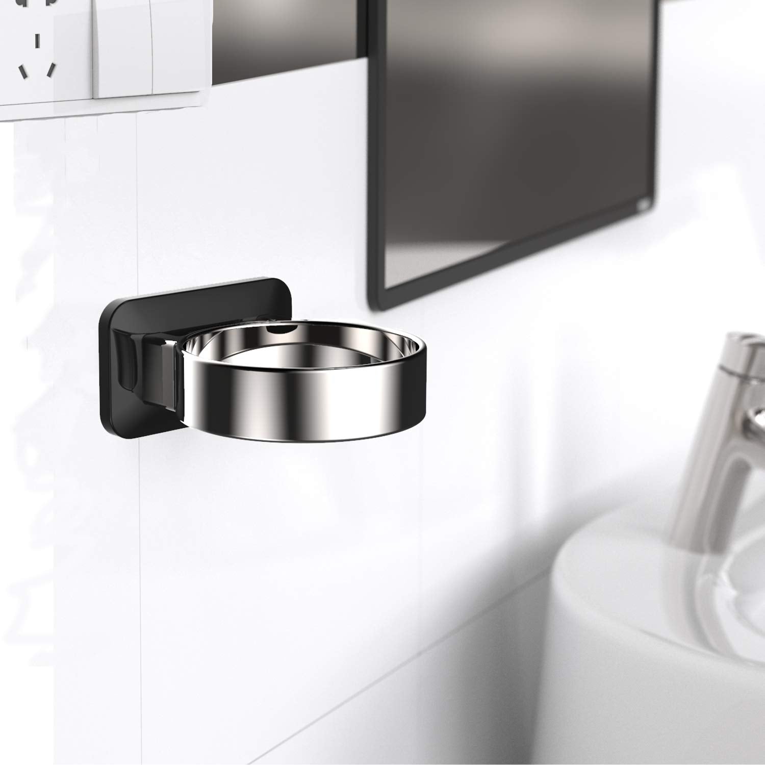 Raikedr Hair Dryer Holder-Black, Bathroom Hair Dryer Holder, Hair Care Tools Holder Wall Mount - Extra Large Rim (Silver + Black