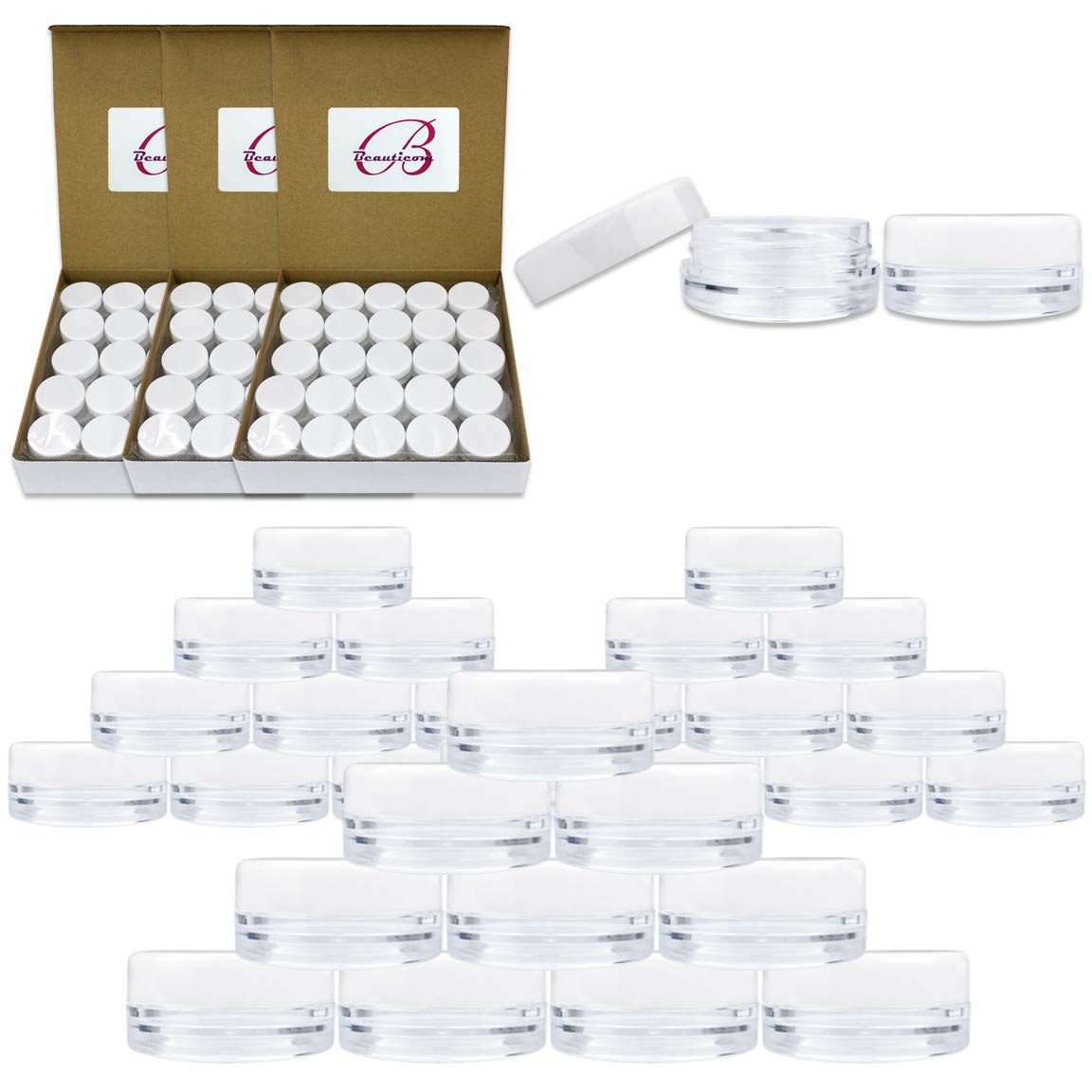 Beauticom (Quantity: 200 Pcs) 3G/3Ml Round Clear Jars With White Lids For Small Jewelry, Holding/Mixing Paints, Art Accessories