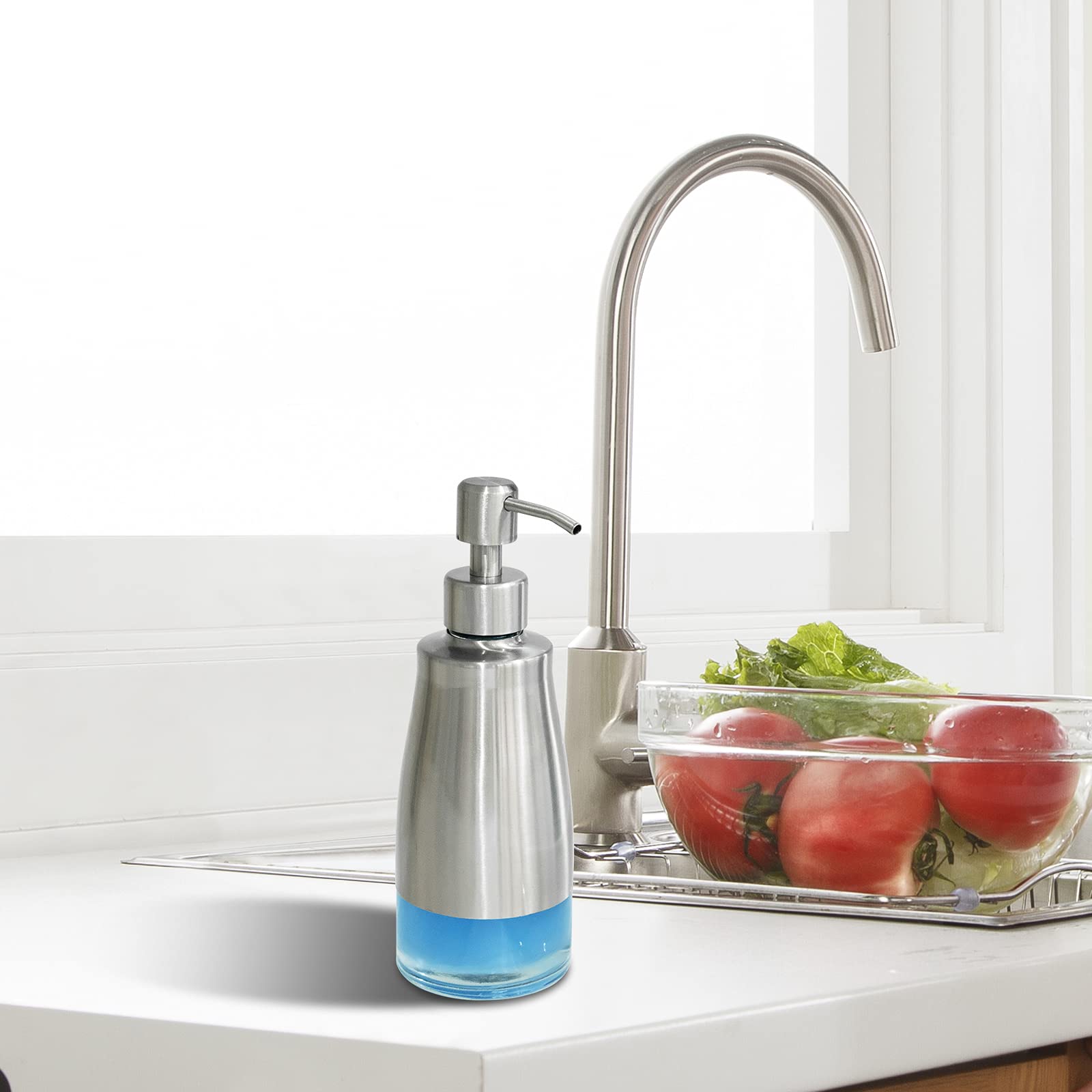 Aumio Dish Soap Dispenser With Stickers, Kitchen Soap Dispenser Brushed Nickel Stainless Steel And Glass Combined, Refillable Li