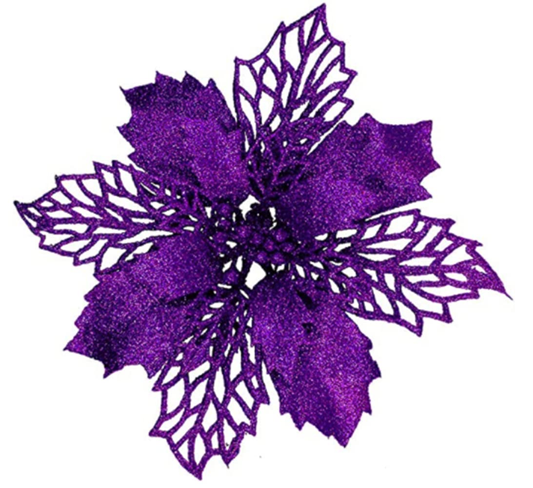YYCRAFT Glitter Poinsettia Flowers 6 Inch for Christmas Tree Ornaments Christmas Decorations-12pcs,Purple