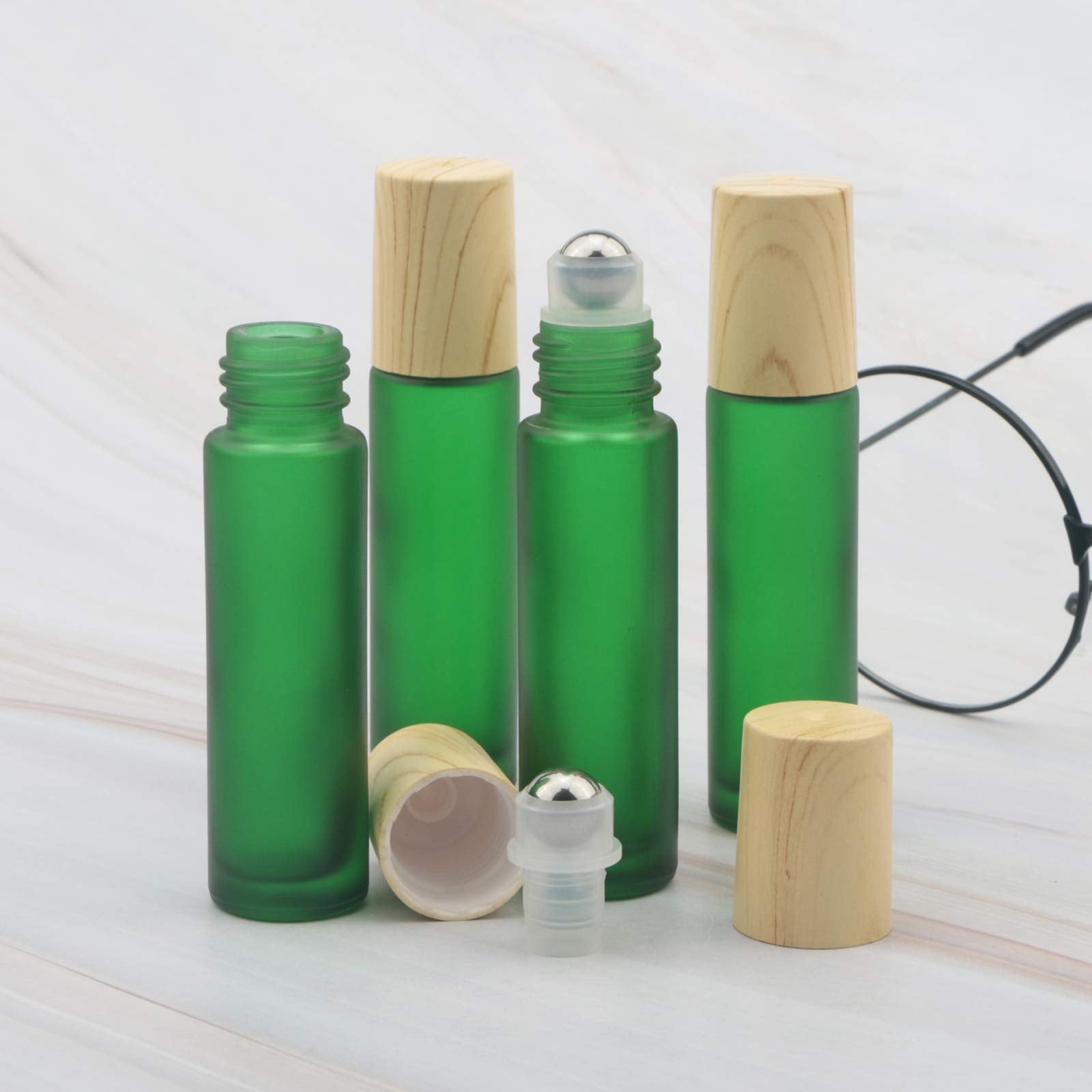 Kesell 10Pcs 10Ml Colorful Frosted Glass Roller Bottles With Metal Roller Ball And Wood Grain Plastic Cap For Essential Oil Arom