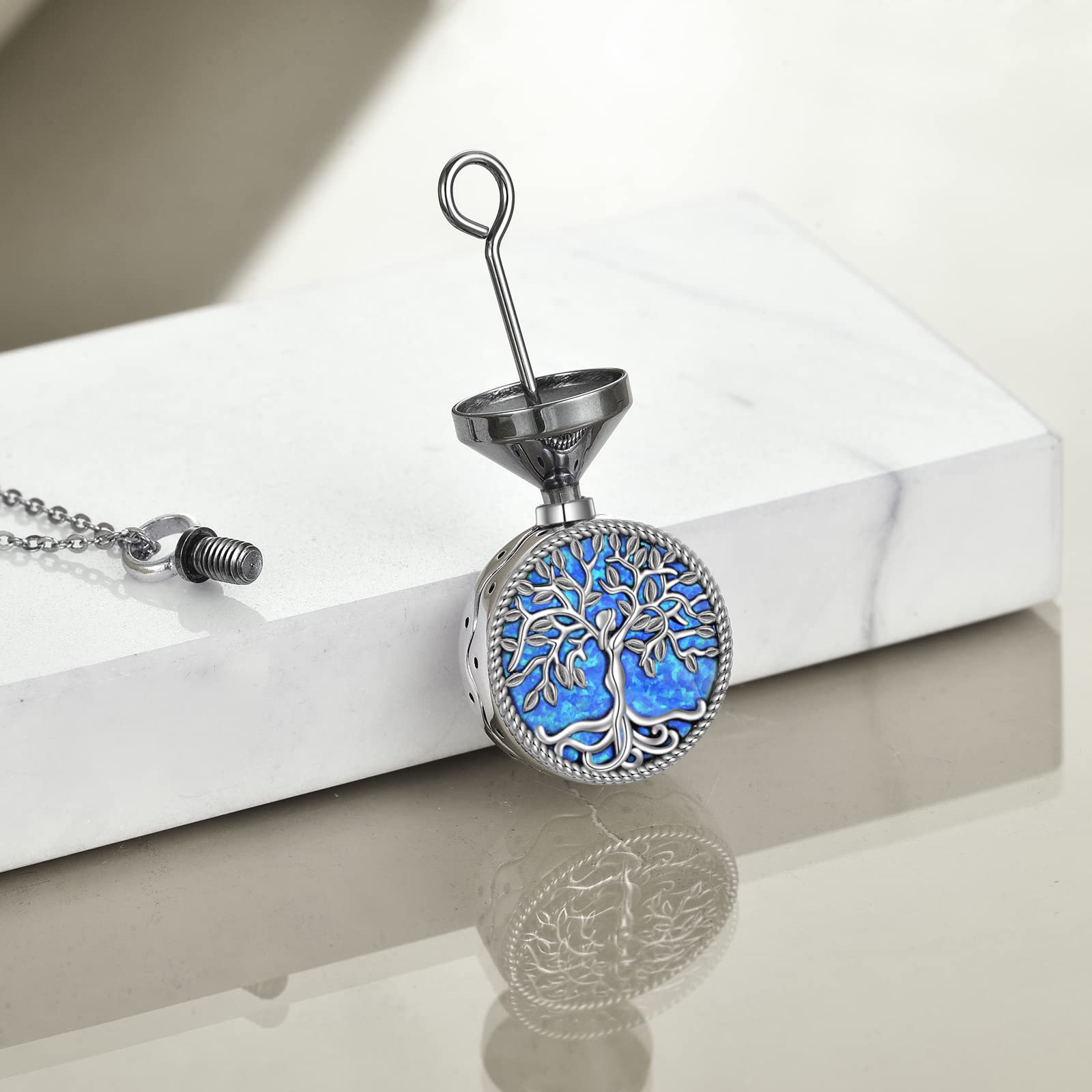 ONEFINITY Urn Necklace for Ashes Sterling Silver Tree of Life Cremation Jewelry for Ashes Blue Opal Memory Jewelry for Women