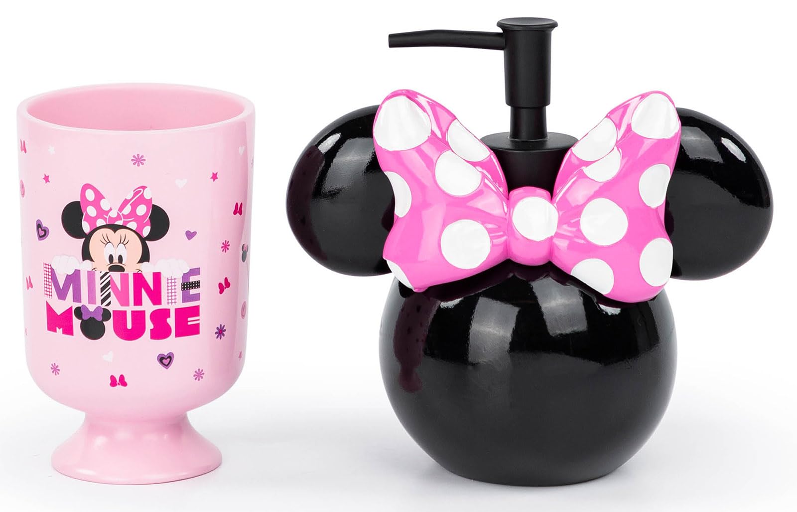 Jay Franco Disney Minnie Mouse 2 Piece Bathroom Set - Pink & Black Soap Dispenser & Tumbler Set - Kids Resin Bathroom Accessorie
