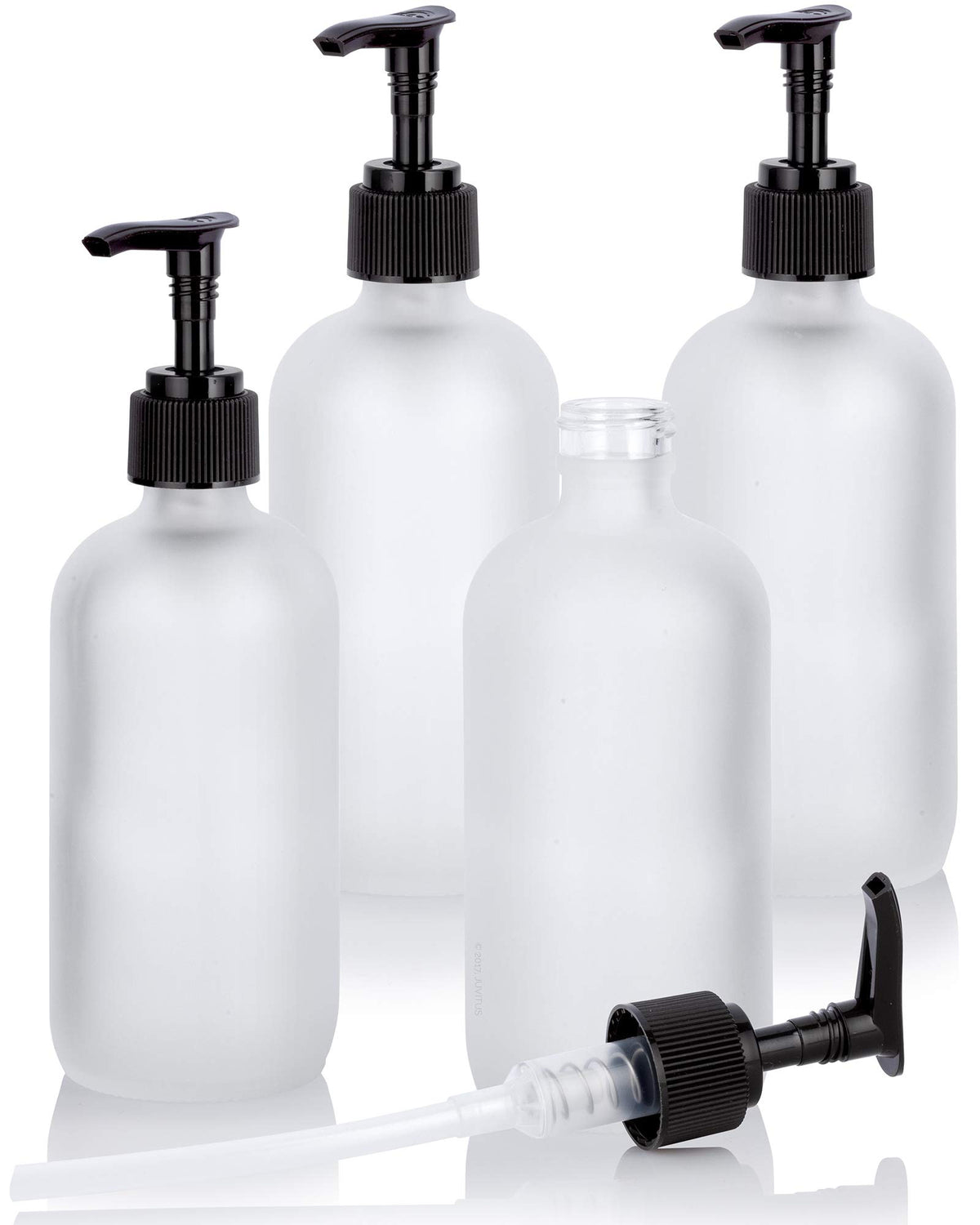 Juvitus 8 Oz / 240 Ml Frosted Clear Glass Boston Round Bottle With Black Lotion Pump (4 Pack)