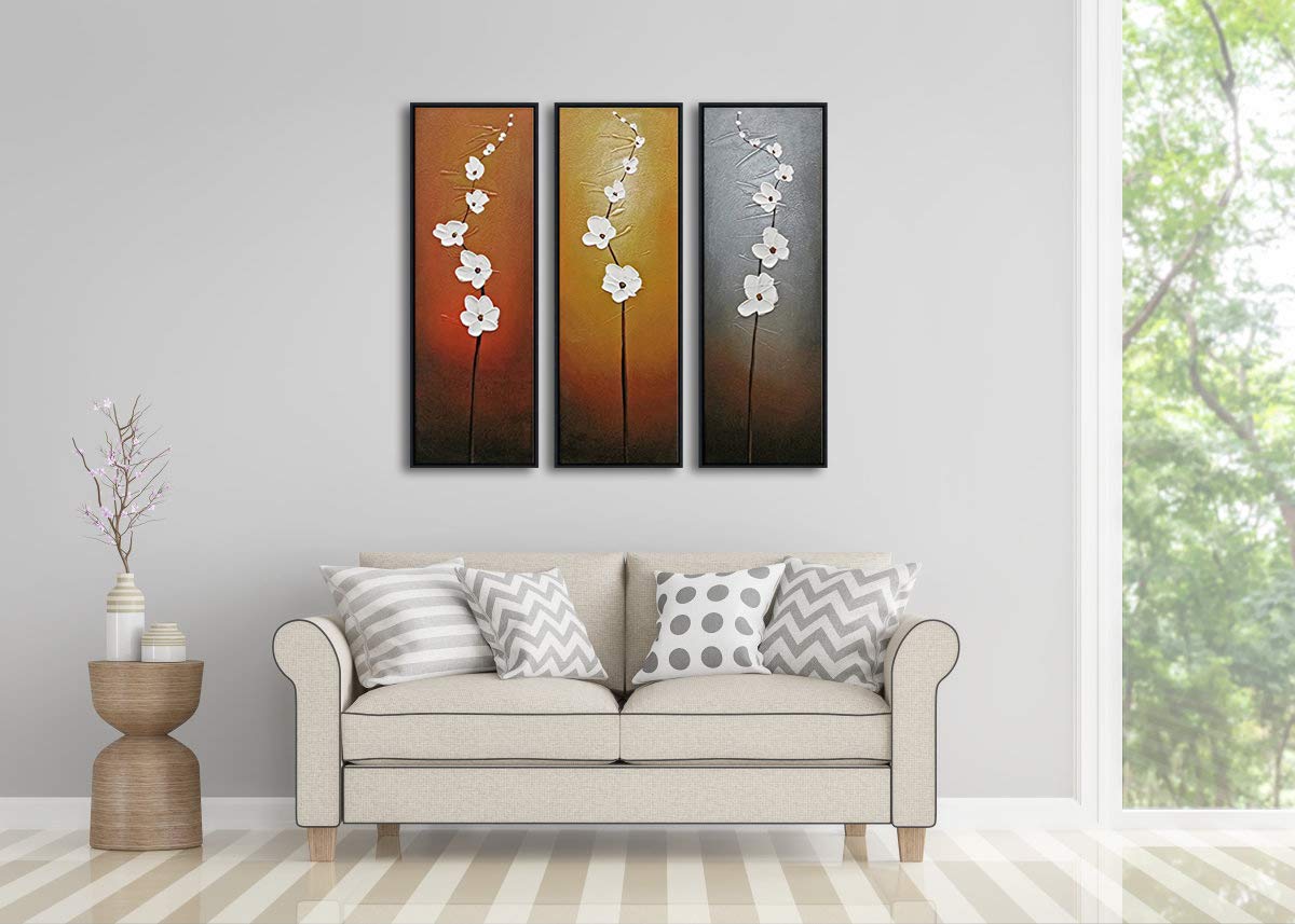 Wieco Art Modern Contemporary Flowers Framed Artwork 3 Panels 100% Hand Painted Abstract Floral Oil Paintings On Canvas Wall Art