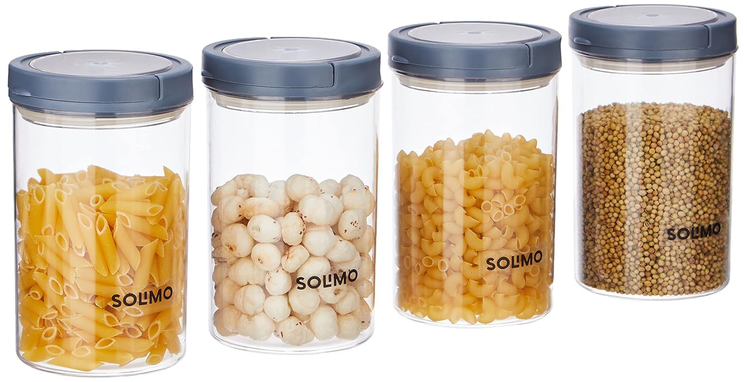 Amazon Brand  Solimo Twist & Lock Plastic Storage Container Set, 900 Ml, Set Of 4, Grey