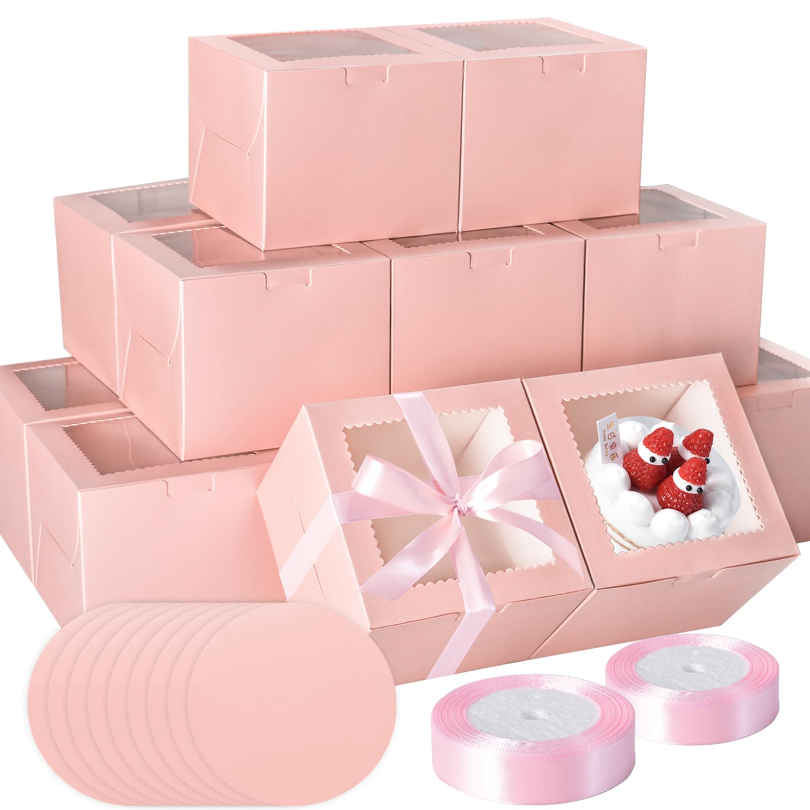 KPOSIYA 40pcs 6x6x5 inch Mini Cake Boxes with Cake Boards (20 Boxes & 20 Boards), Pink Bakery Box with Window for Treat Dessert 