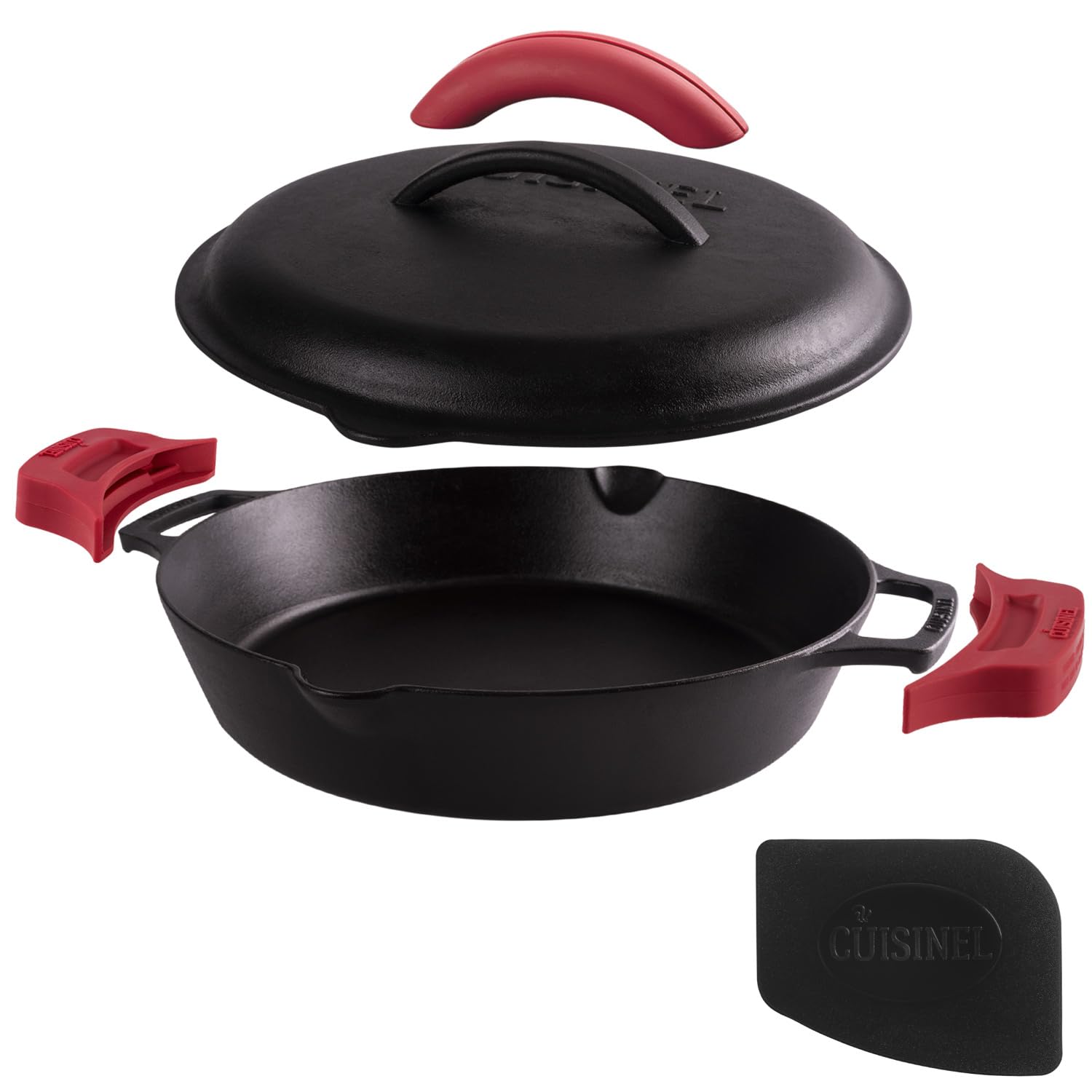 Cast Iron Skillet with Cast Iron Lid - 12-Inch Dual Handle Frying Pan + Pan Scraper + Silicone Handle Holder Covers - Pre-Season