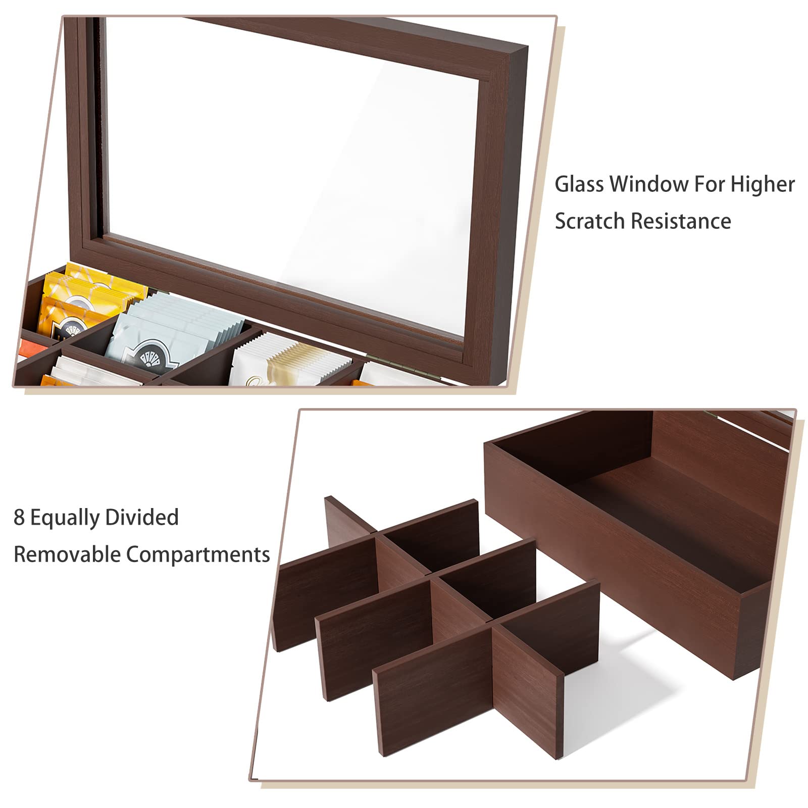 Alsonerbay Wooden Tea Box Tea Bag Holder Kitchen Storage Chest Box For Spice Pouches And Sugar Packets With 8 Compartments And G