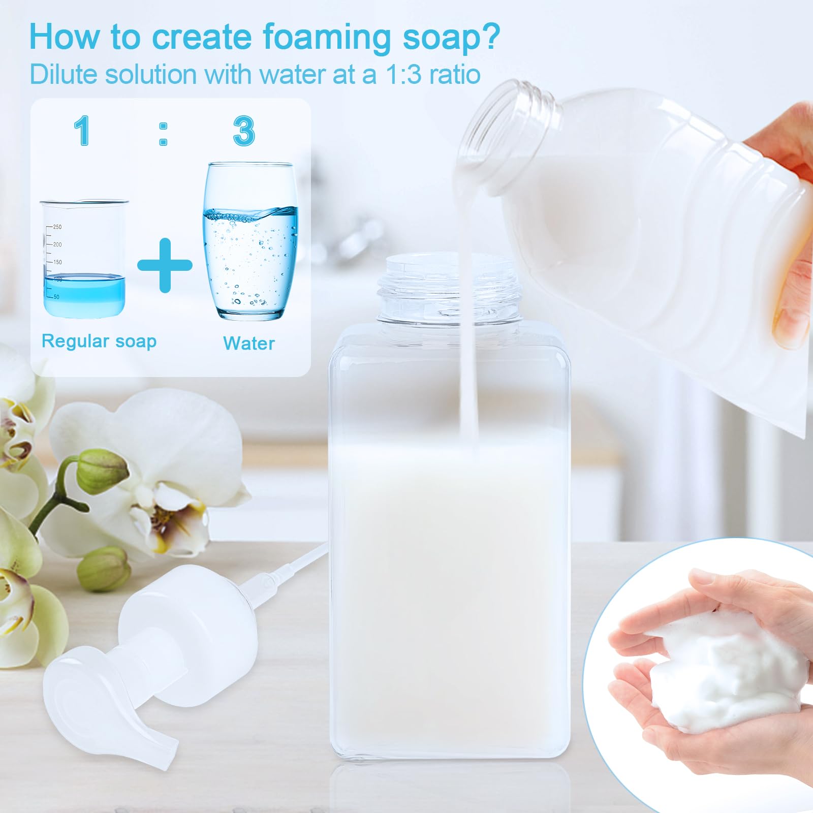 TMLECE TM Foaming Soap Dispenser - Clear Plastic, 15oz/450ml, Square Refillable Pump, 4 Pack for Liquid Soap, Shampoo, Body Wash