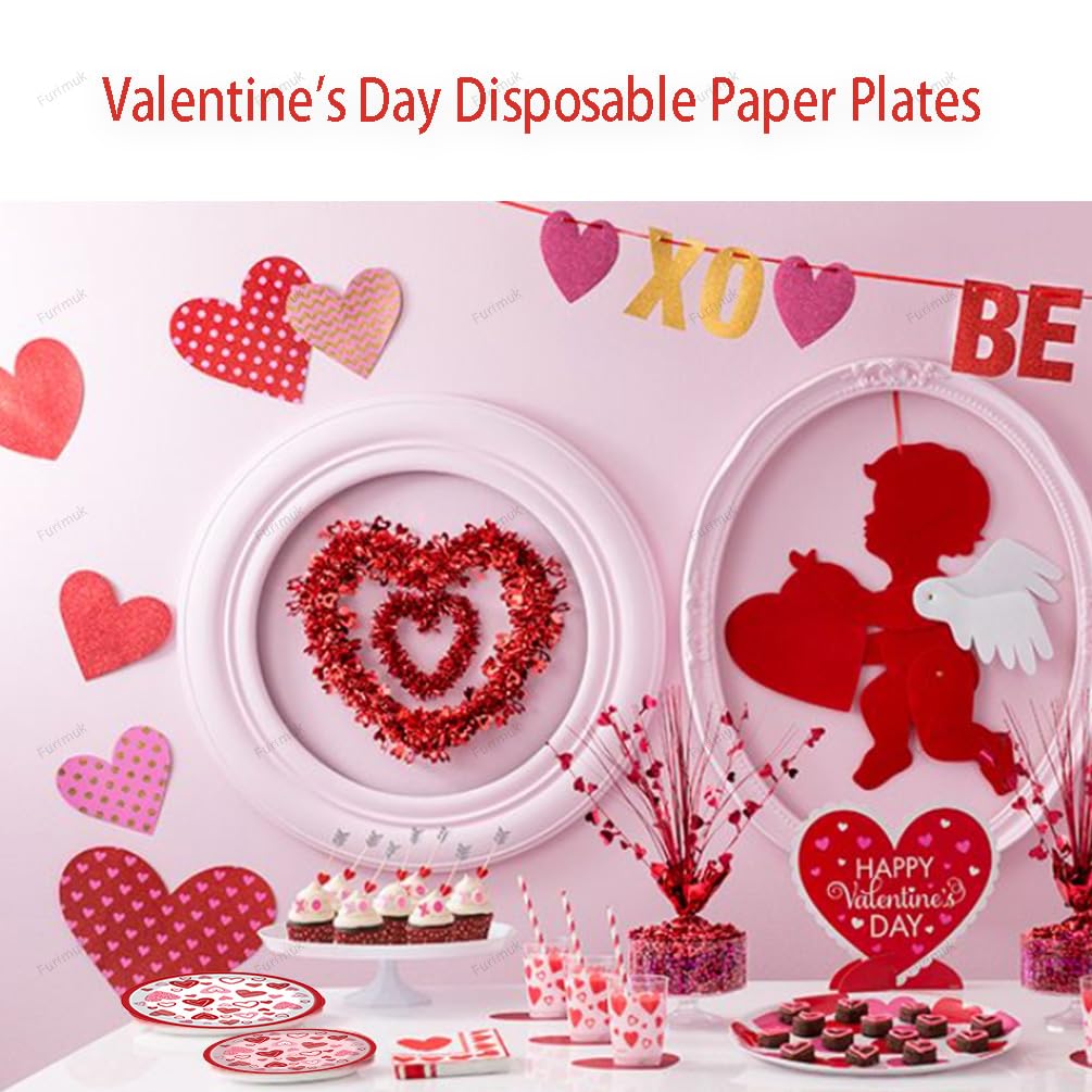 Furimuk Valentine'S Day Disposable Paper Plates Heart Love Print Dessert Plates For Valentine'S Wedding Memorial Day Bachelor Pa