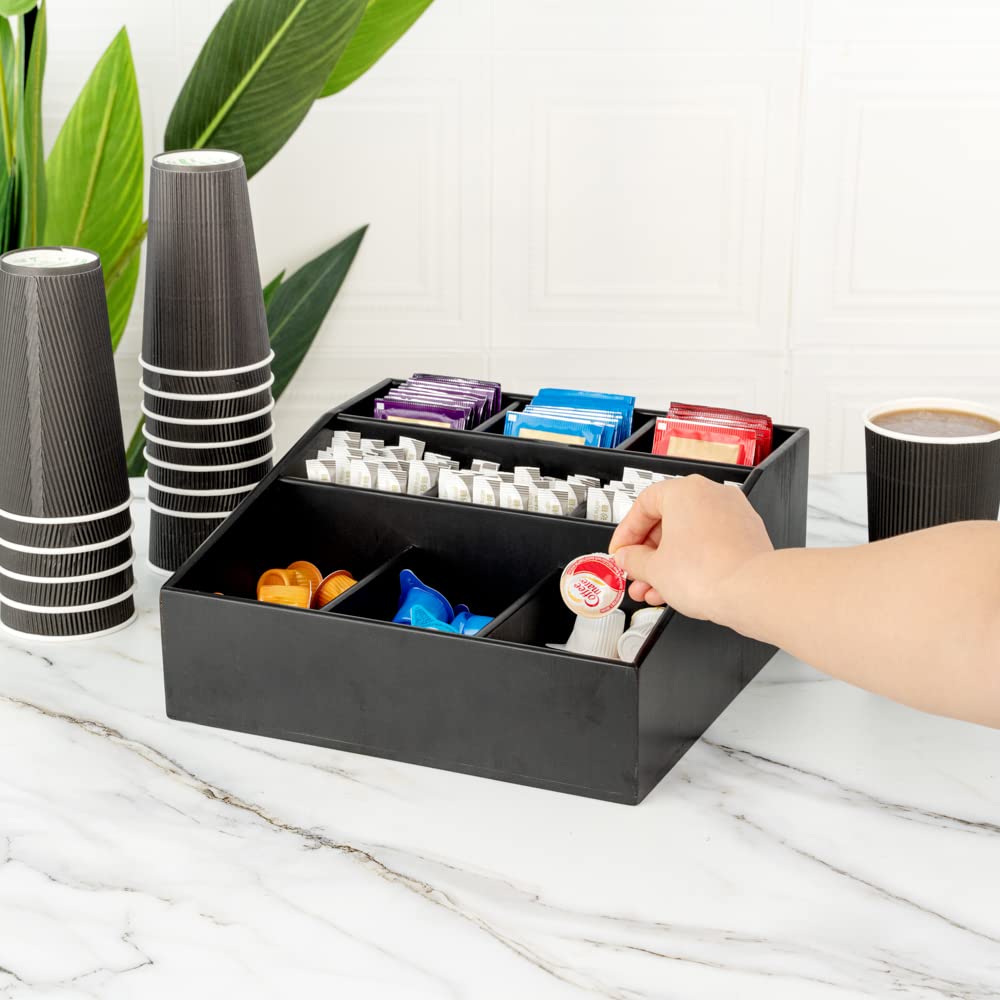 Restaurantware 11.75 X 5.5 Inch Coffee Condiment Organizer 1 Square Creamer Organizer - 9 Compartments Break-Resistant Black Bam