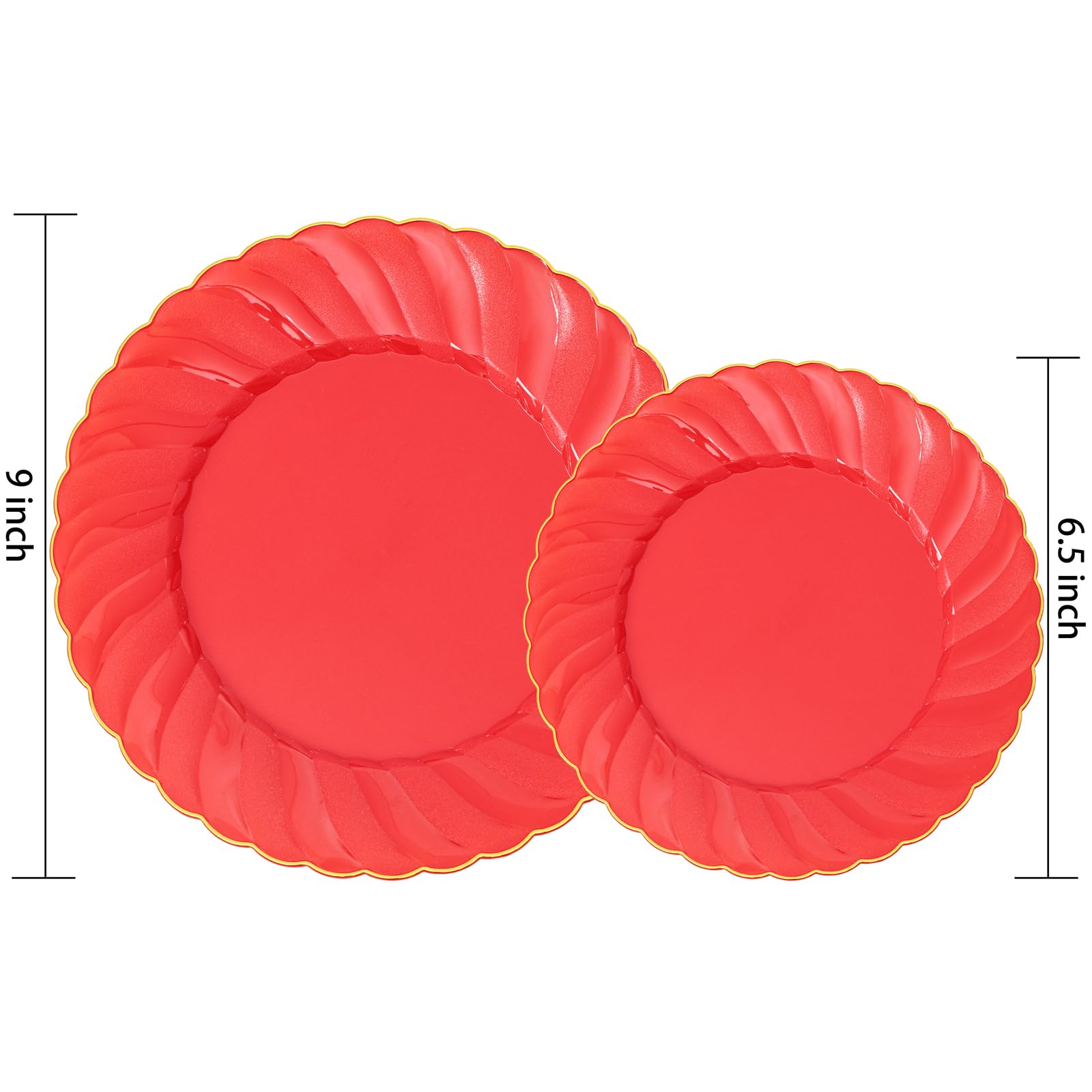 U-Qe 100Pcs Red Plastic Plates - Heavy Duty Valentines Plates Disposable For Party With Gold Rim - Include 50Pcs 9Inch Red Dinne