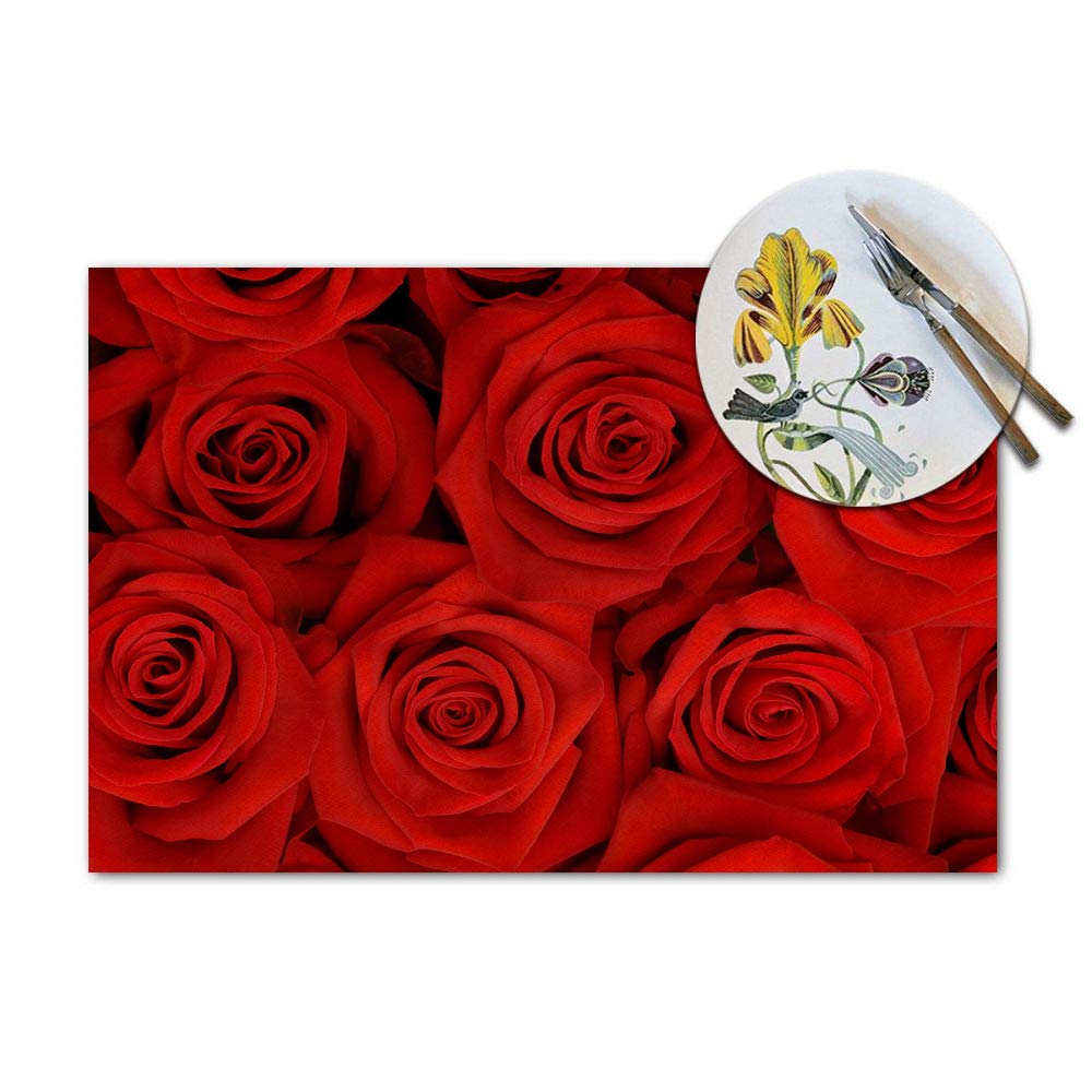 Red Rose Placemats Set Of 4, Beautiful Red Rose Placemats Heat Resistant For Dining Table Non-Slip 18X12 Inches