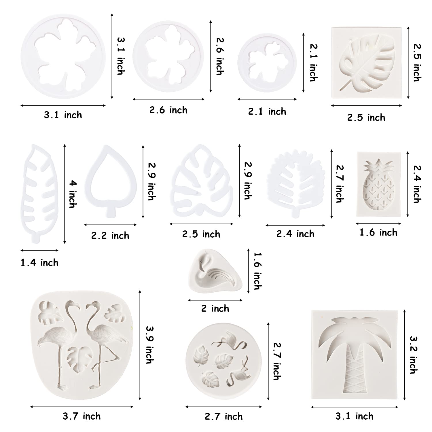Zainpe 13Pcs Hawaiian Tropical Cake Decoration Flamingo Fondant Molds Pineapple Rain Forest Leaves Tree Theme Candy Chocolate Mo