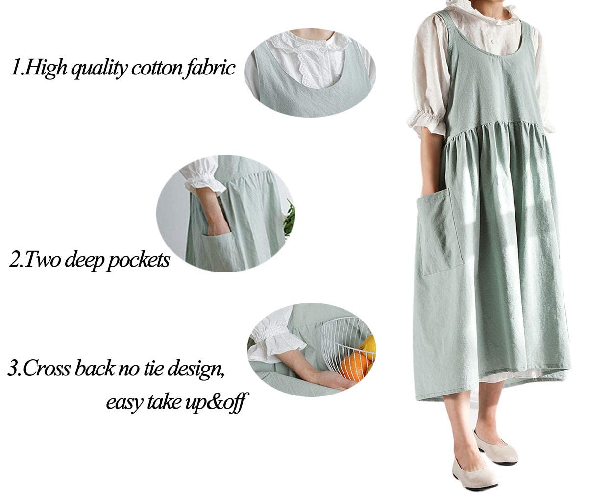 Losofar Women Girls Cross Back Apron Gardening Works Cotton Aprons Pinafore Dress (Green, 32.3'' X 41.3'')