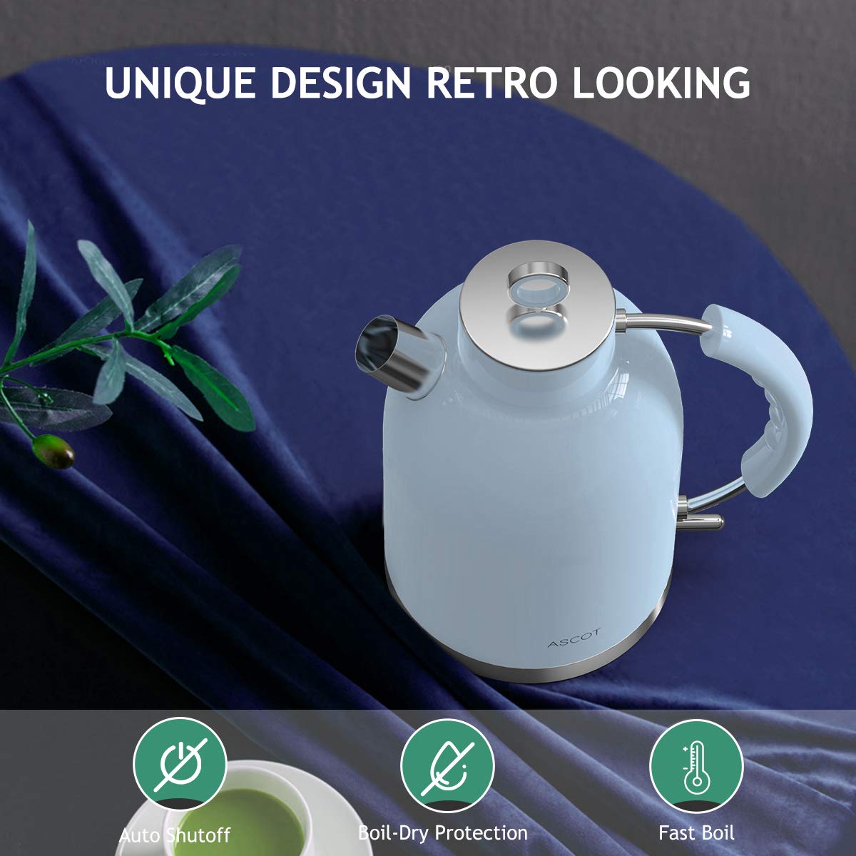 ASCOT Electric Kettle, 1.5L Stainless Steel, Fast Boiling, BPA-Free, Light Blue, Model K1, Cordless, Automatic Shutoff, Boil-Dry Protection