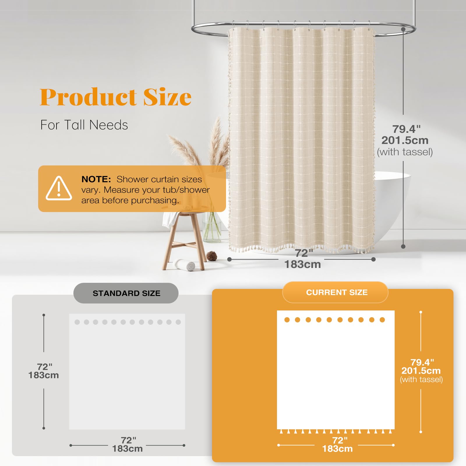 BTTN 78 Inch Long Shower Curtain - Boho Farmhouse Linen Ultra Thick Fabric Shower Curtain Set with Plastic Hooks  Tall Rustic Modern Country Neutral Shower Curtains for Bathroom - Cream/Beige - 72x78
