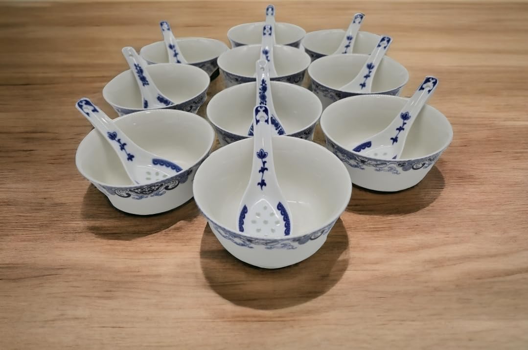 10 Pcs Fine Bone China Blue And White Chinese Soup Bowls Ceramic Porcelain Bowl, With Free 10 Porcelain Spoons Rice Bowl