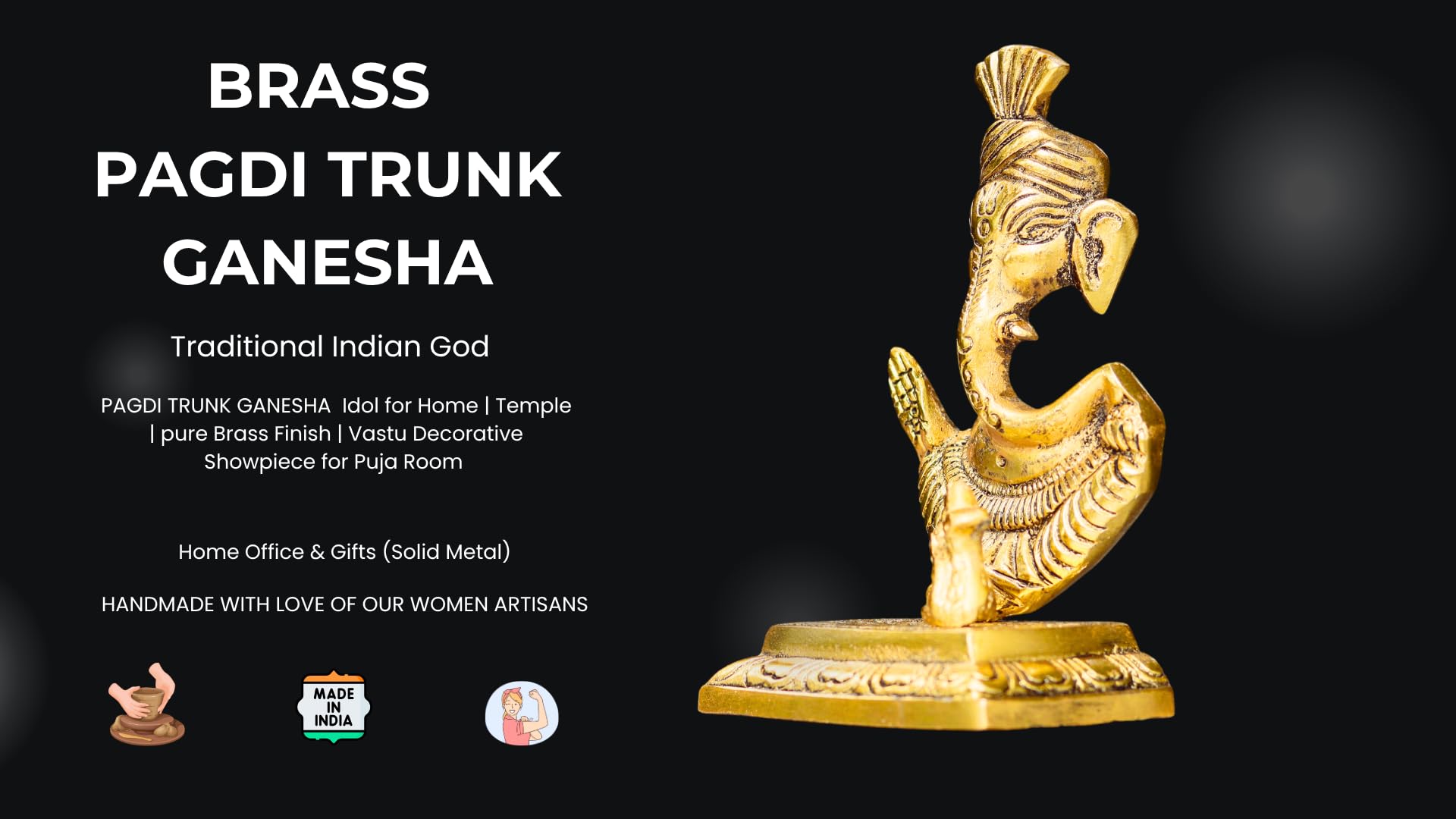 Sridha Handicraft Golden Metal Pagdi Ganesh Statue, Abstract Temple Design, 15 Cm Height, 220 Gms, Antique Finish