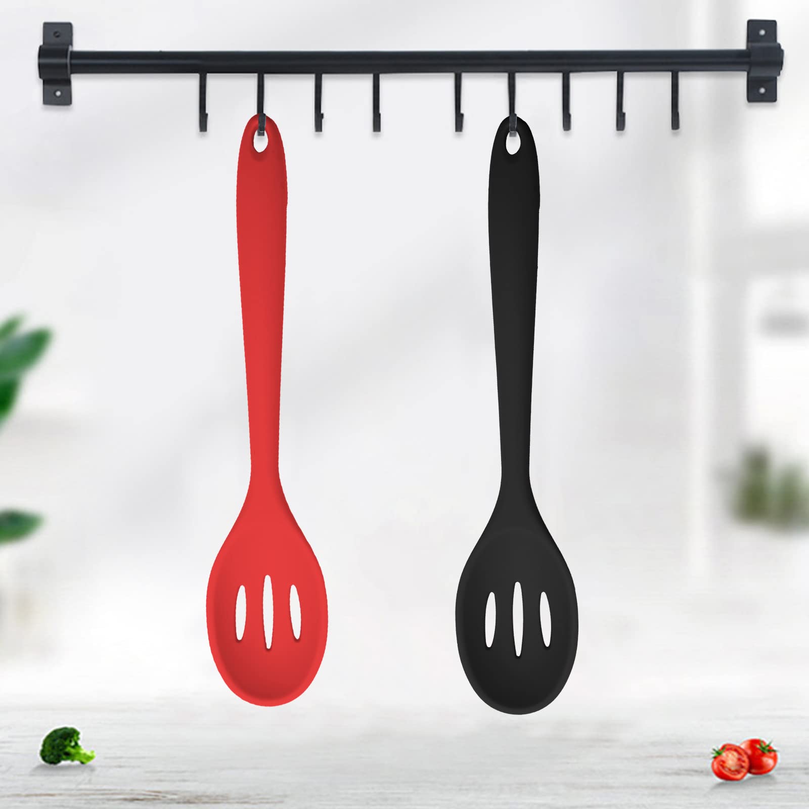 2 Pcs Silicone Slotted Spoons Nonstick Heat Resistant Basting Spoons Set Kitchen Utensil For Cooking Stirring Mixing Serving (Re