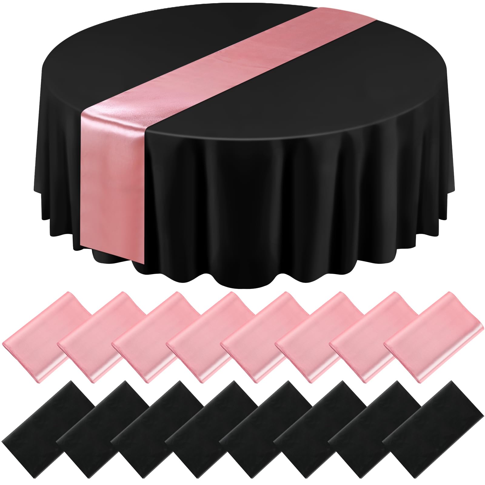 Tudomro 16 Pcs Black and Rose Gold Round Plastic Tablecloth and Satin Table Runner Set 84 Inch Round Covers 12 x 108 Inch Table 