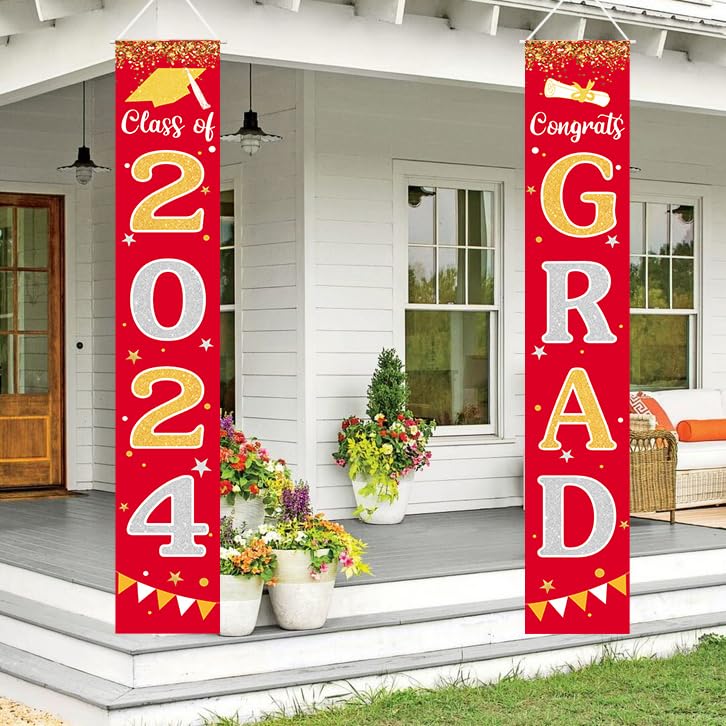 Graduation Decorations 2024 Grad Banner Red Porch Door Sign Welcome Banner For Indoor Outdoor Wall Indoor Outdoor Graduation Dec