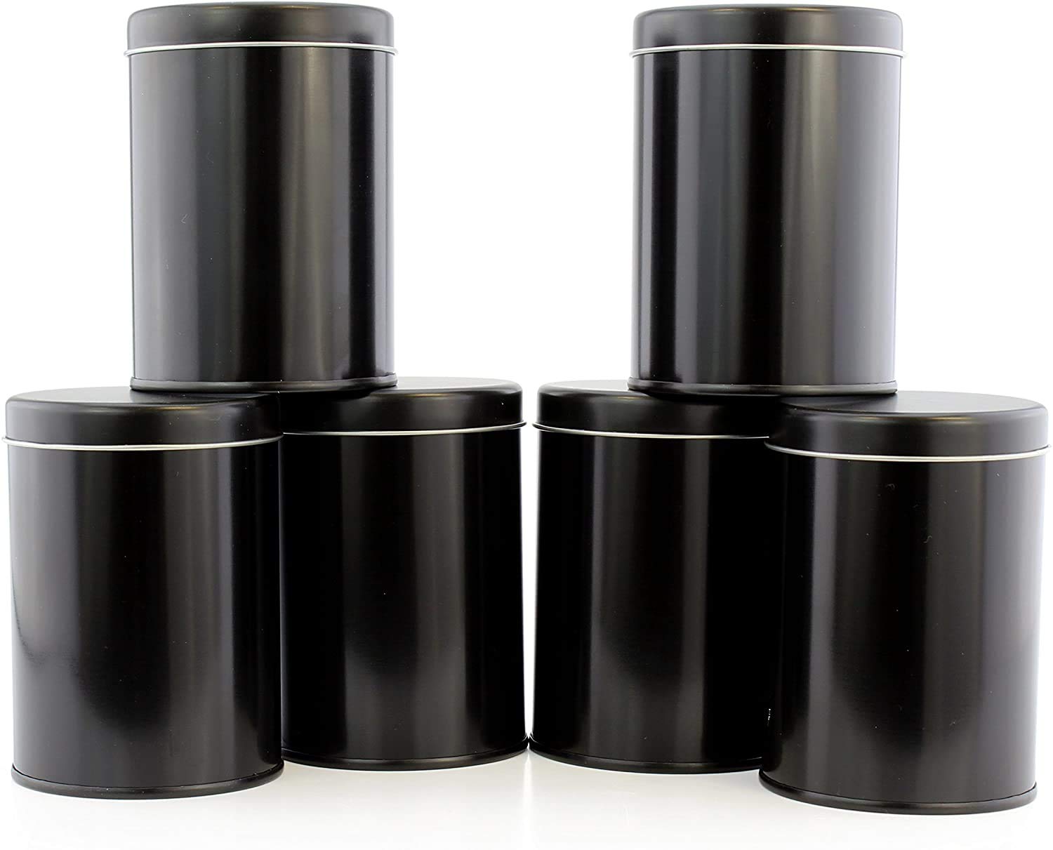 Cornucopia Double Seal Tea Canisters (6-Pack); Black Metal Round Tea Tins W/ Interior Molded Plastic Seal