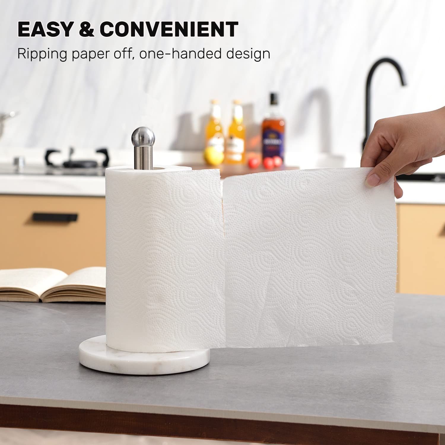 Paper Towel Holder With Sturdy Marble Base, Freestanding Paper Towel Holder Countertop, One-Handed Use, No Wobbly (Brushed Nicke
