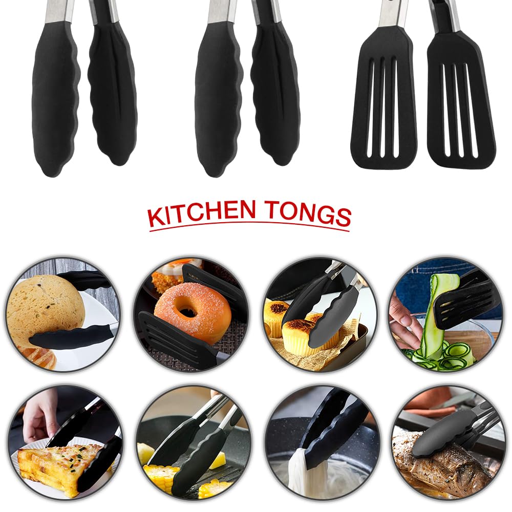 Pharamat 9 Inch Small Kitchen Tongs Set Of 3, Silicone Cooking Tongs With Silicone Tips And Stainless Steel Handle, Silicone Ton